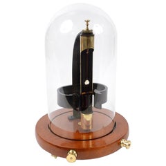 Antique Brass Galvanometer with Glass Dome and Wooden Base