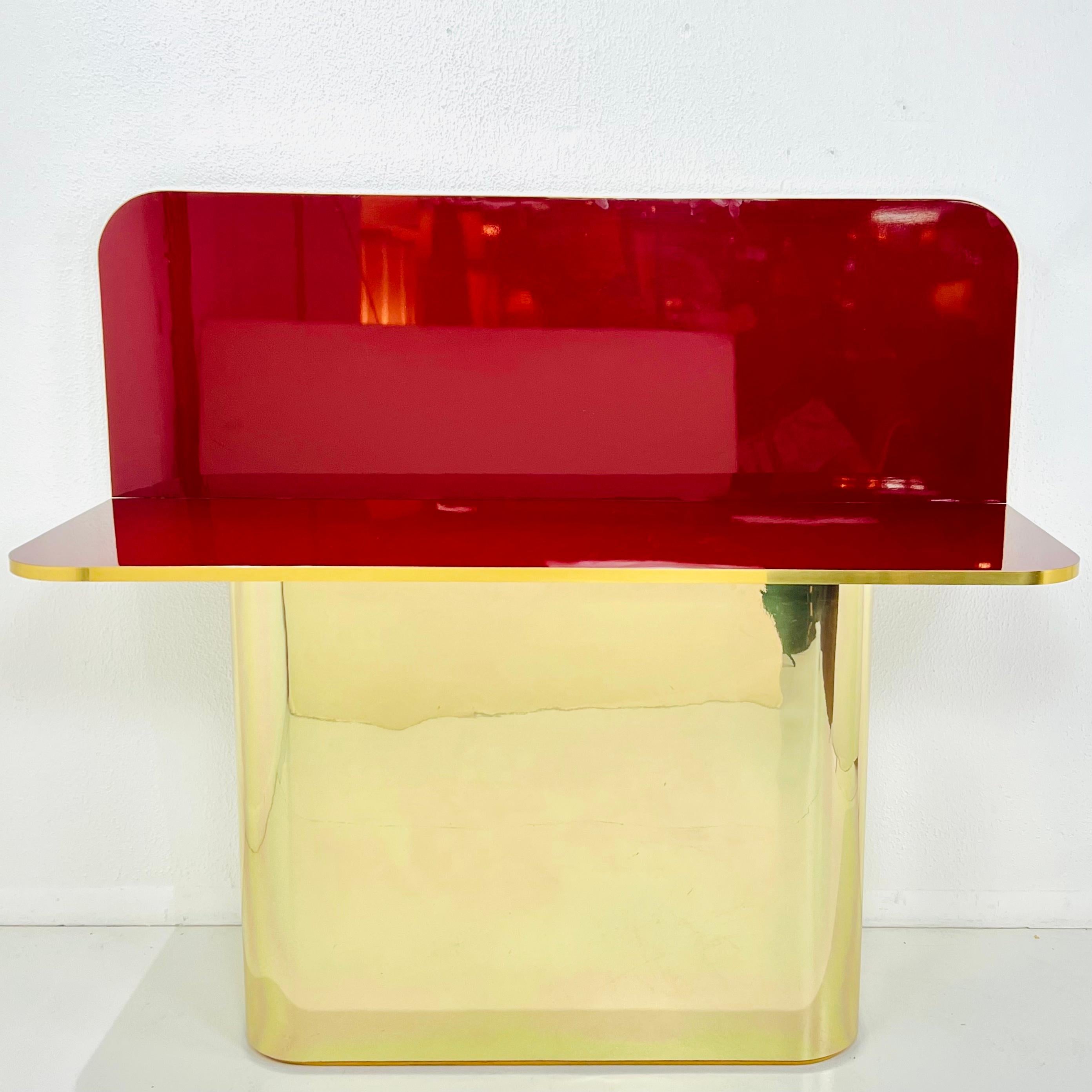 Post-Modern Brass & Garnet Lacquer Flip Top Console Table