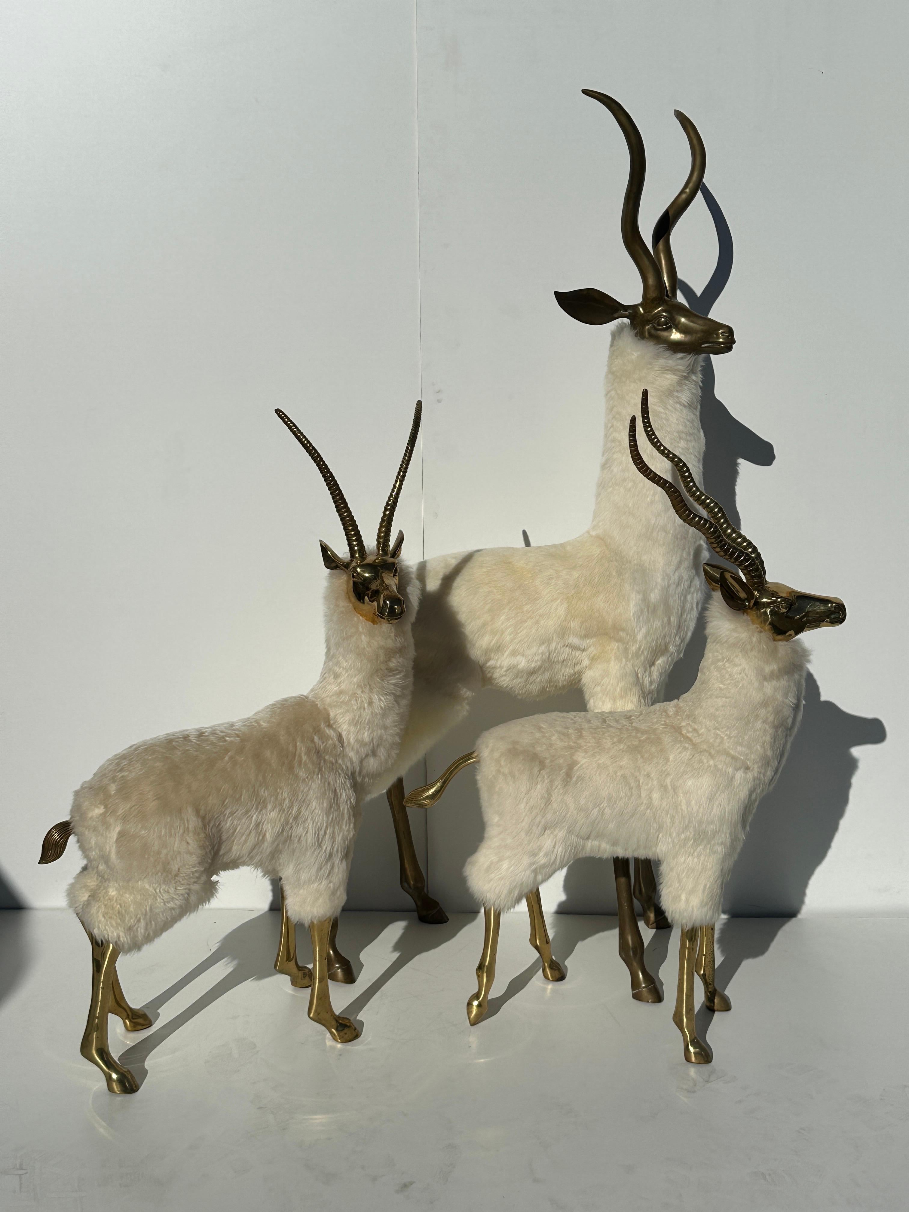 Family of patinated brass gazelle / impala / antelope sculptures.
Sculptures are made in 1970's in South Korea and been recently covered in white / cream sheep fur. Perfect for kids bedroom or Christmas decoration.
Large measures 66
