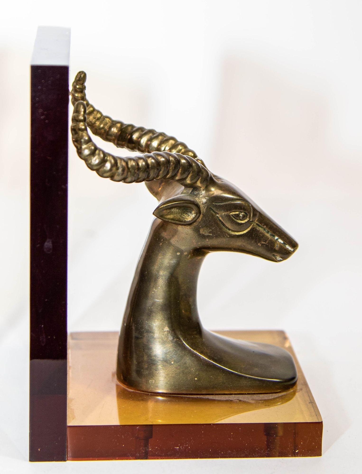 Brass Gazelle on Lucite Mount Antelope Bookends a Pair 1950s For Sale 3
