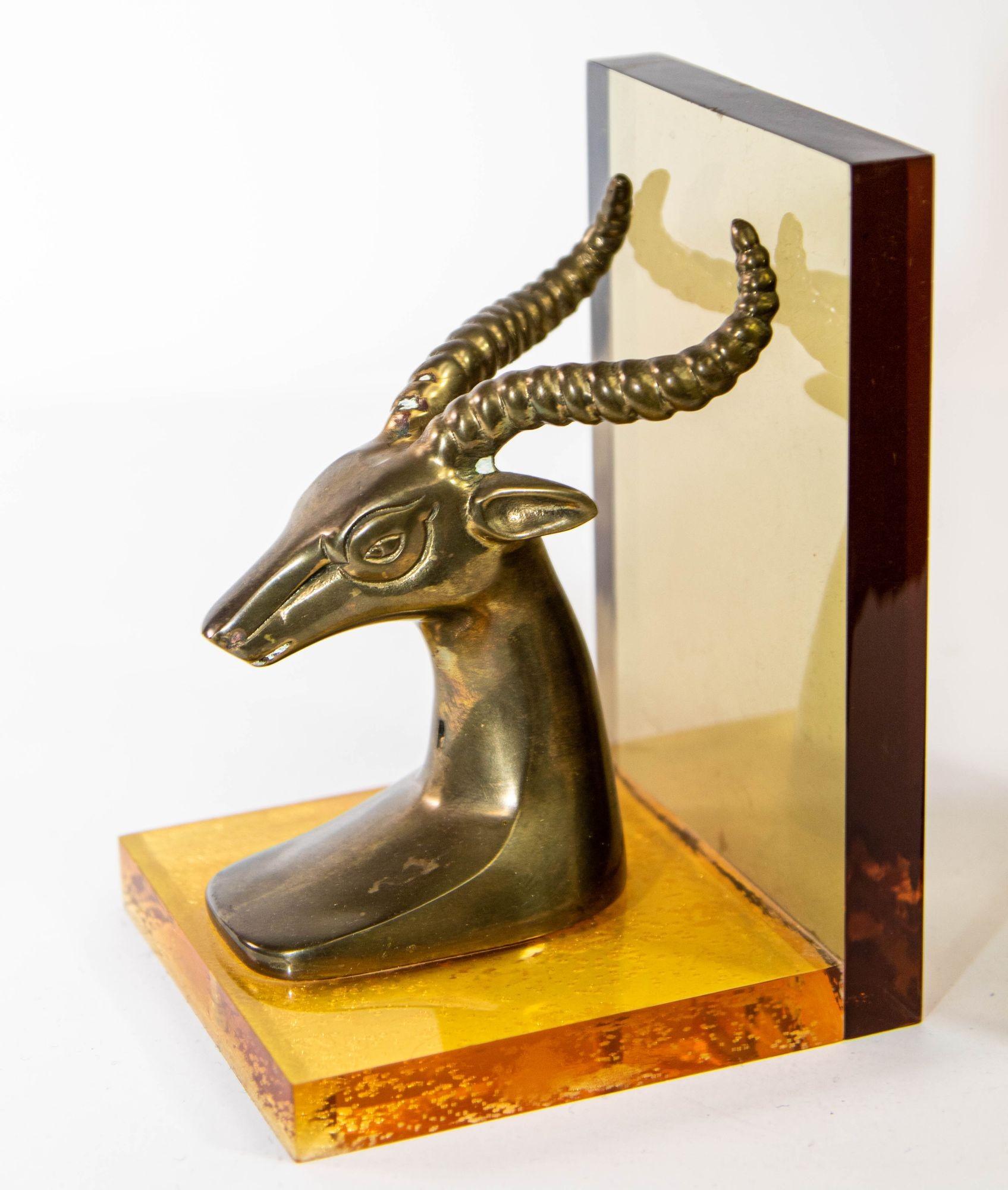 Brass Gazelle on Lucite Mount Antelope Bookends a Pair 1950s For Sale 4