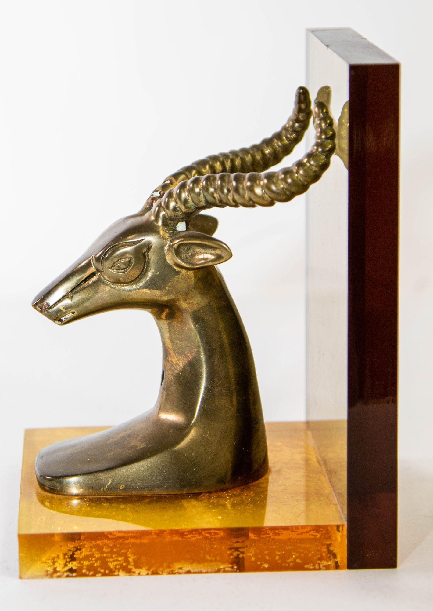 Brass Gazelle on Lucite Mount Antelope Bookends a Pair 1950s For Sale 5