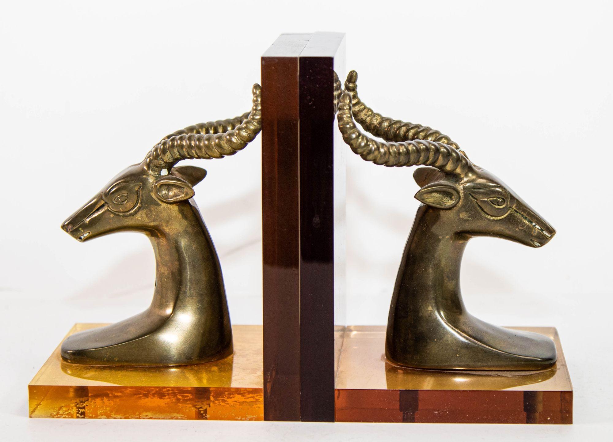 Brass Gazelle on Lucite Mount Antelope Bookends a Pair 1950s For Sale 7