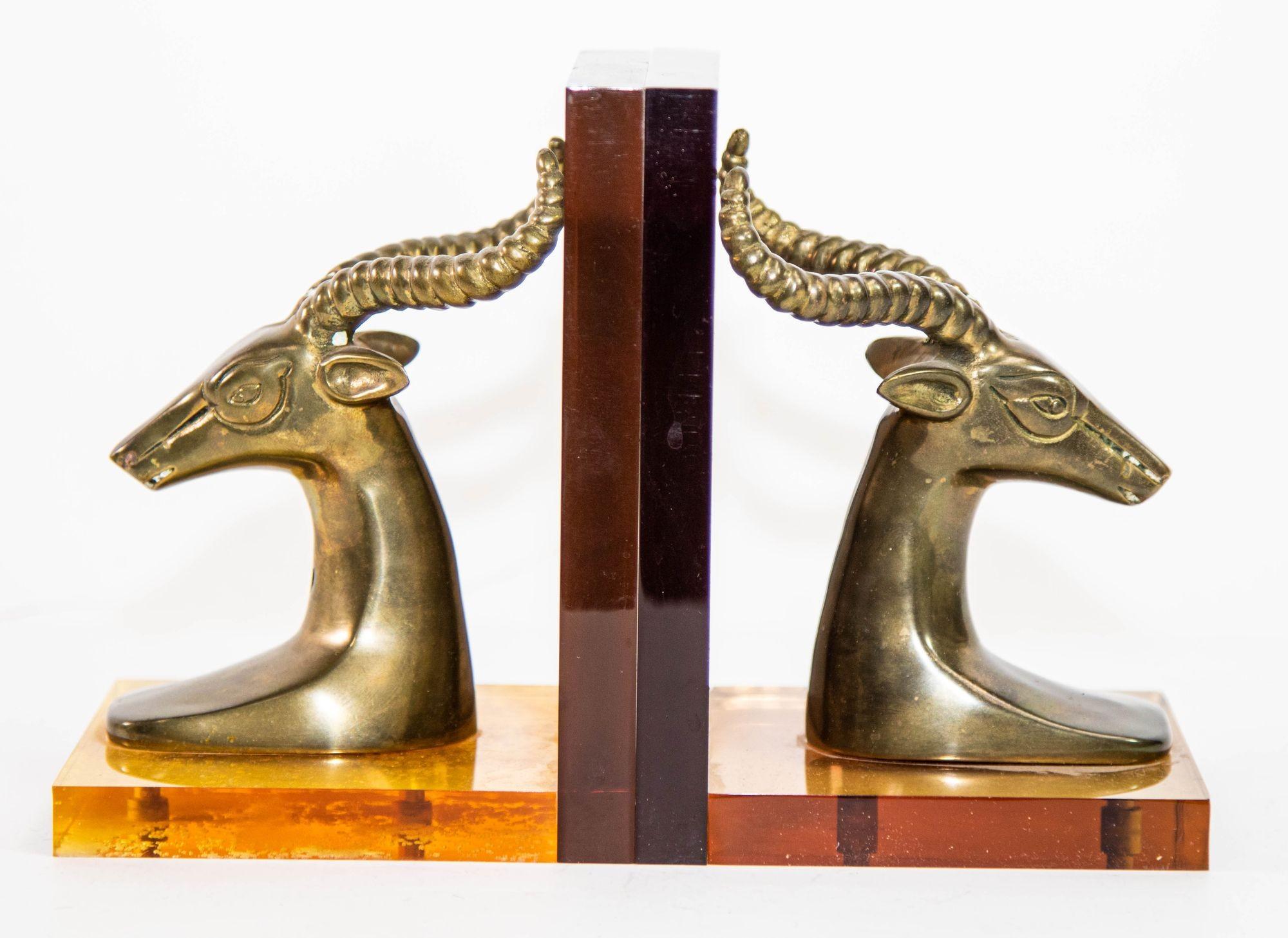 Brass Gazelle on Lucite Mount Antelope Bookends a Pair 1950s For Sale 8