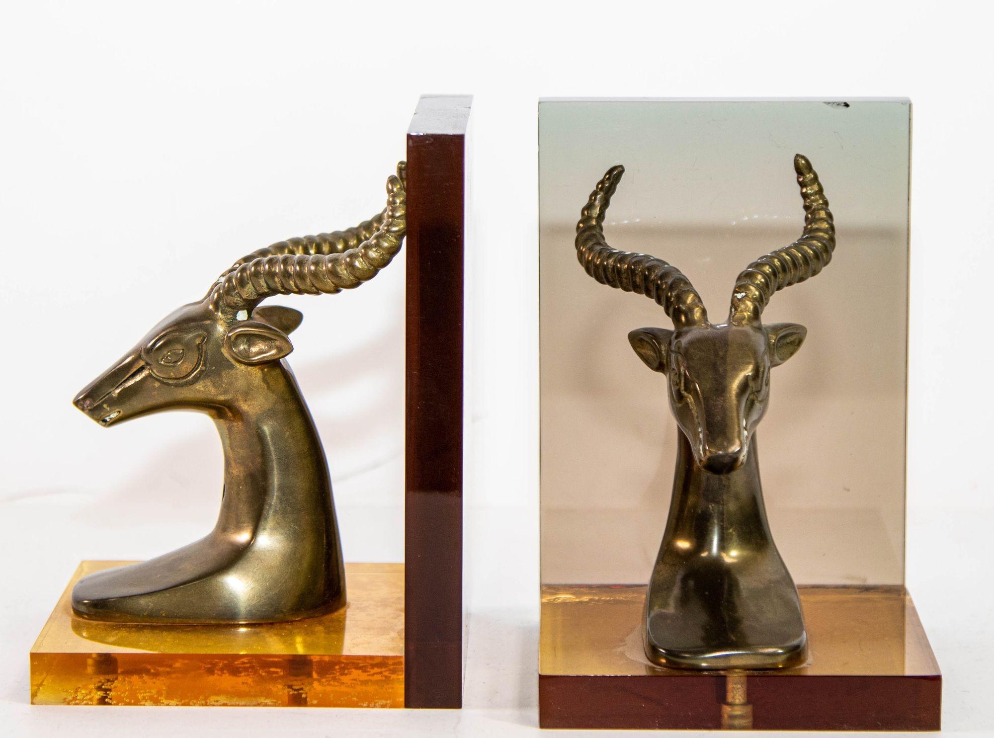 Hollywood Regency Brass Gazelle on Lucite Mount Antelope Bookends a Pair 1950s For Sale