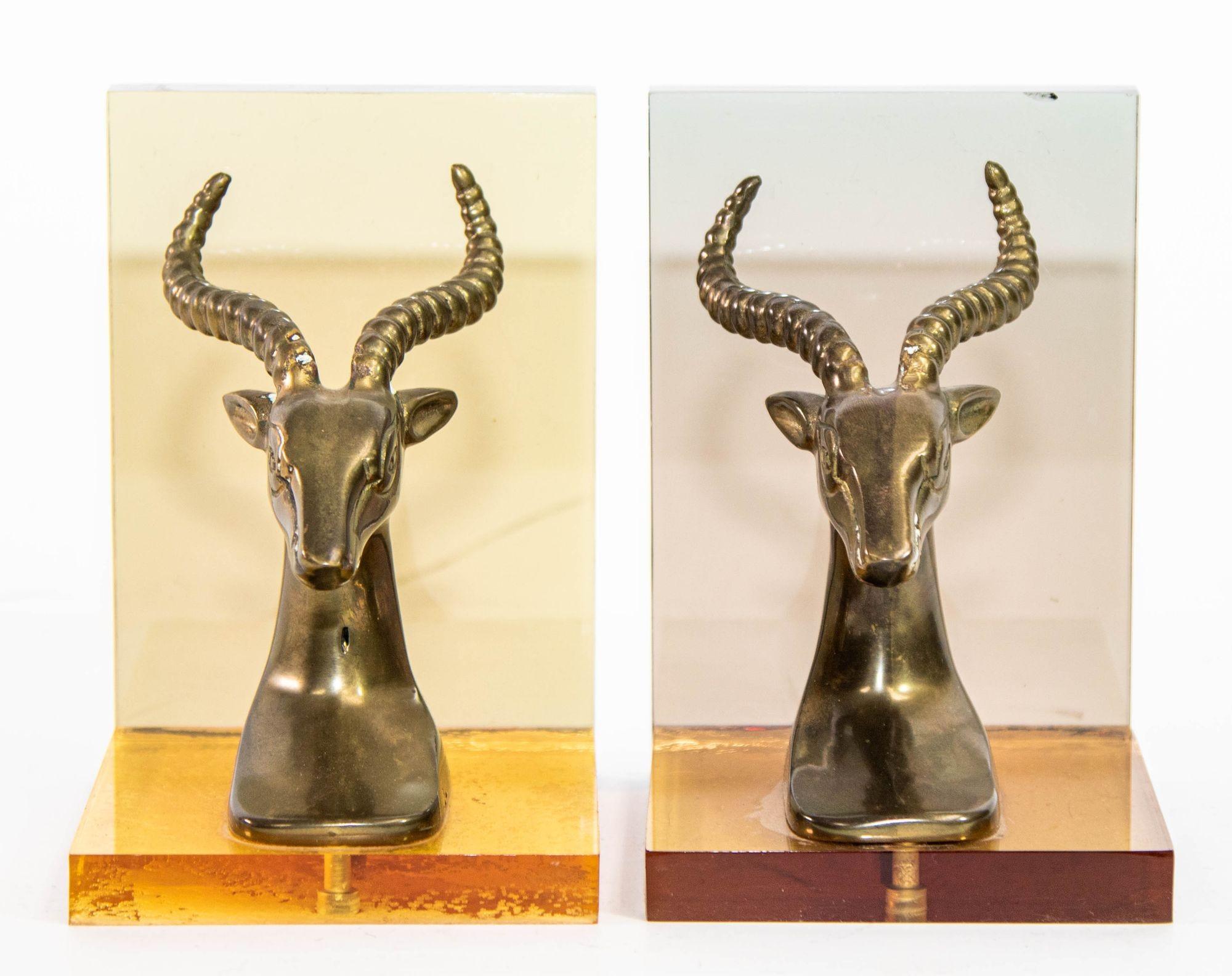 American Brass Gazelle on Lucite Mount Antelope Bookends a Pair 1950s For Sale