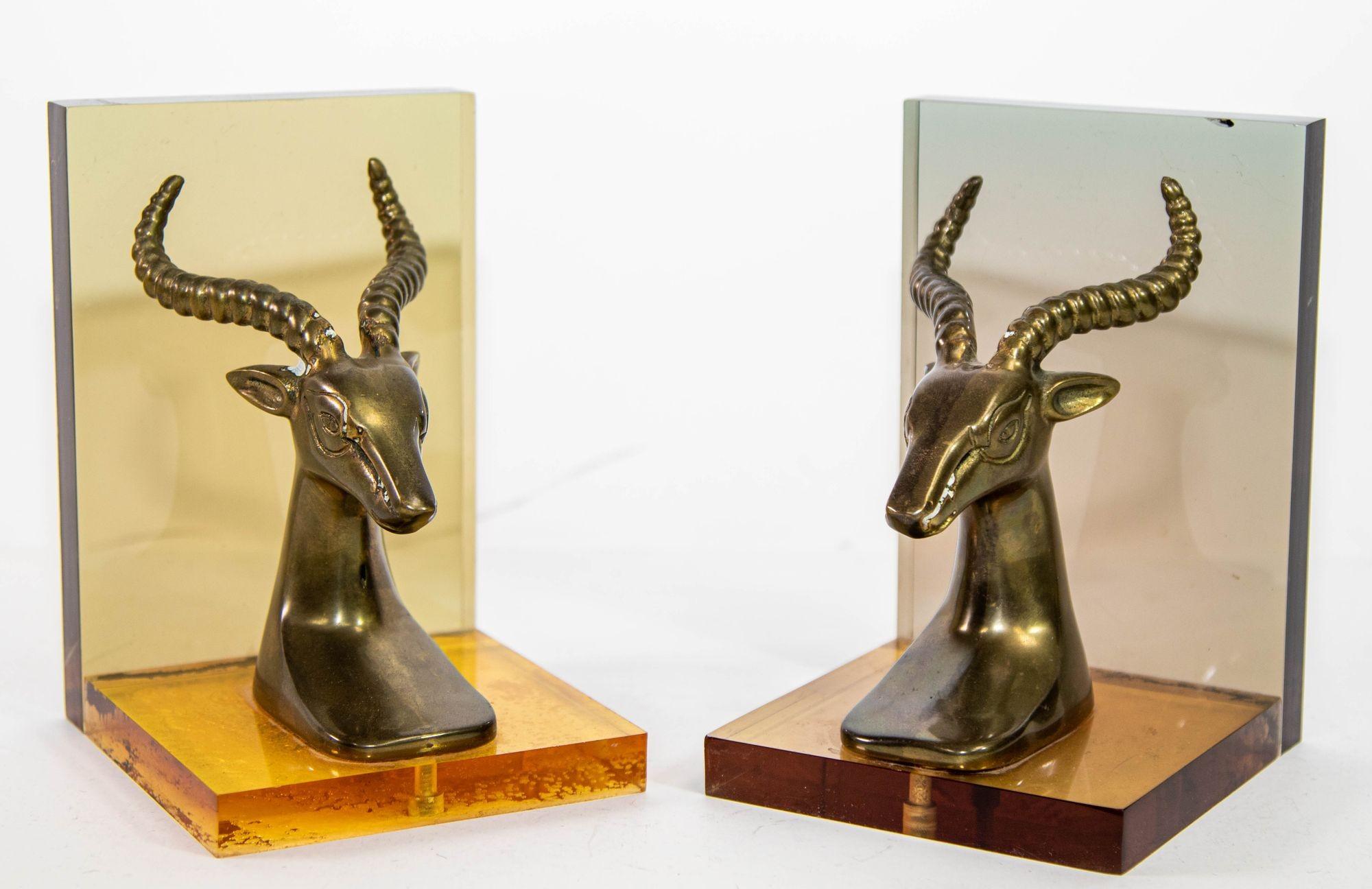 Hand-Crafted Brass Gazelle on Lucite Mount Antelope Bookends a Pair 1950s For Sale