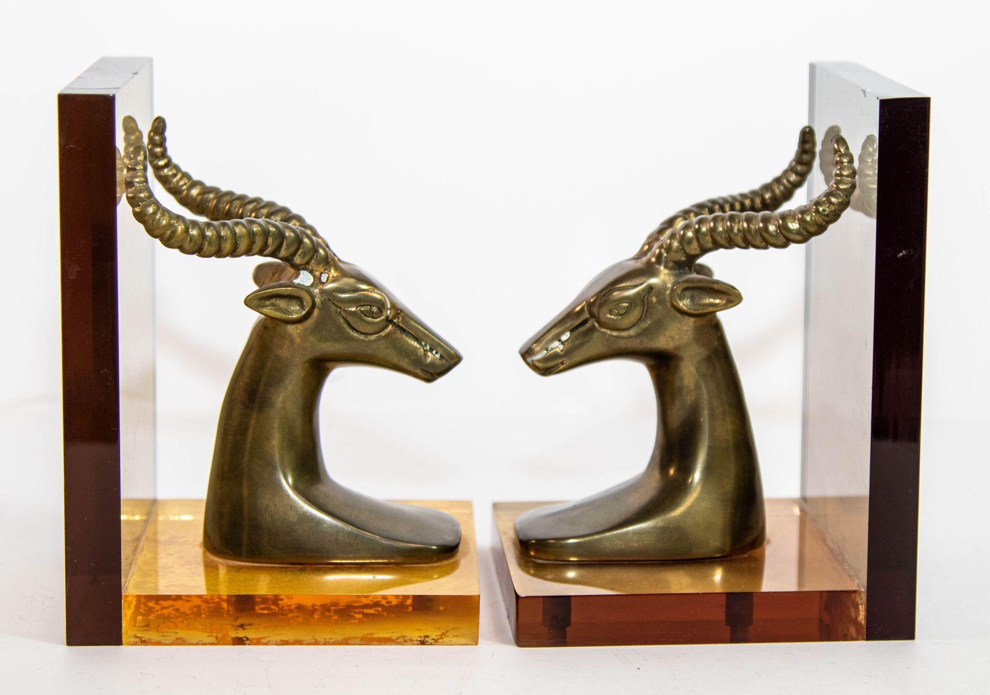 Brass Gazelle on Lucite Mount Antelope Bookends a Pair 1950s In Good Condition For Sale In North Hollywood, CA