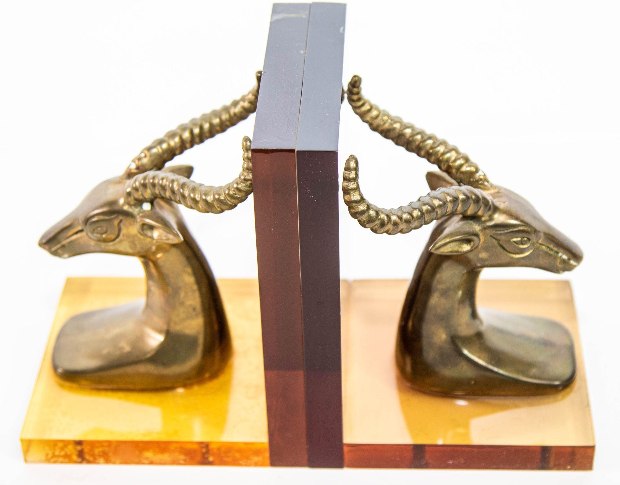 Brass Gazelle on Lucite Mount Antelope Bookends a Pair 1950s For Sale 1