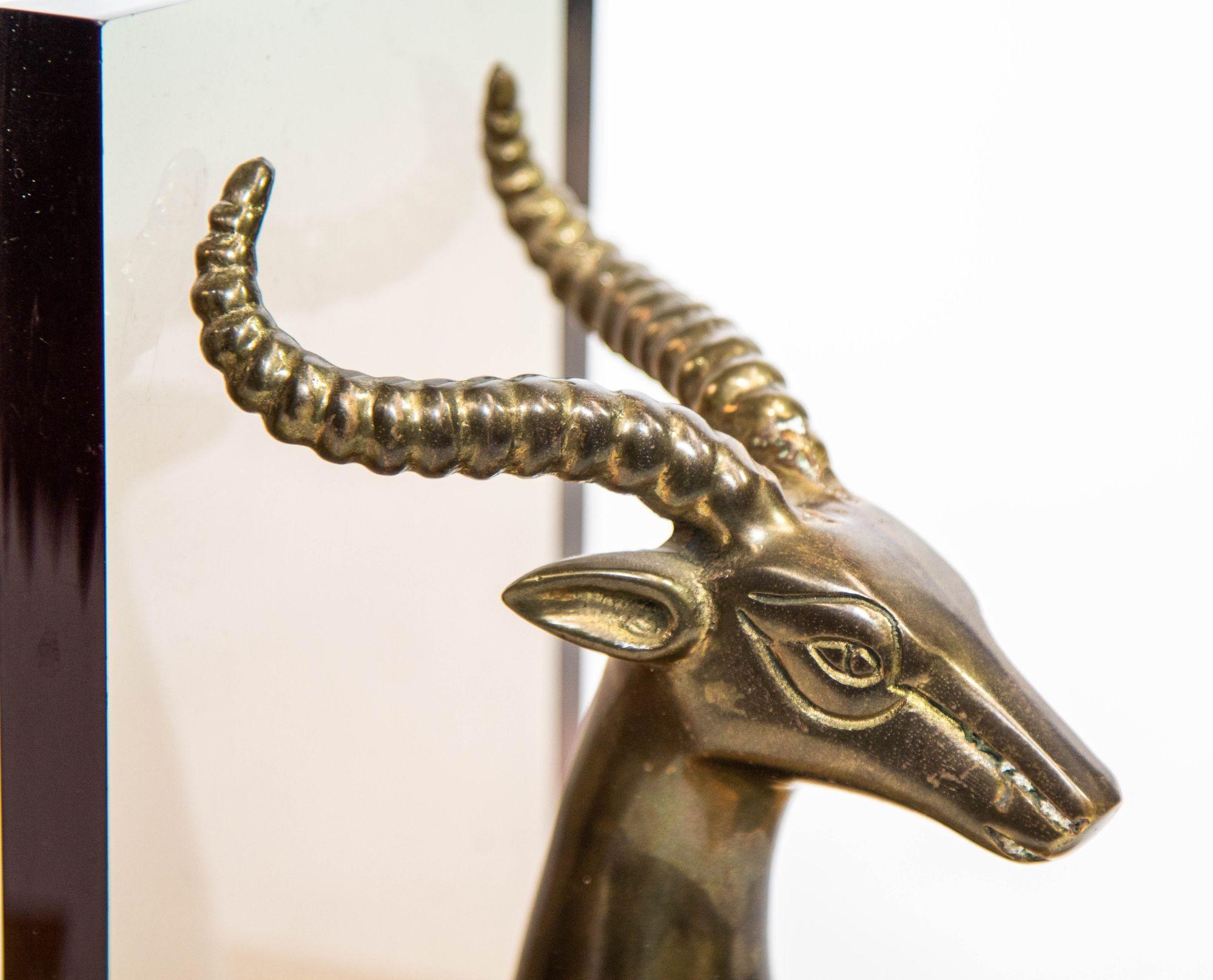Brass Gazelle on Lucite Mount Antelope Bookends a Pair 1950s For Sale 2