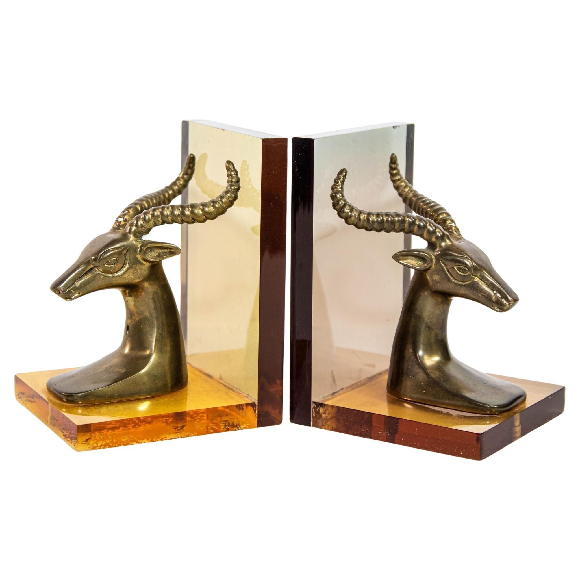 Brass Gazelle on Lucite Mount Antelope Bookends a Pair 1950s For Sale
