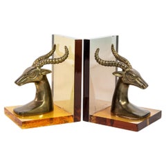 Brass Gazelle on Lucite Mount Antelope Bookends a Pair 1950s