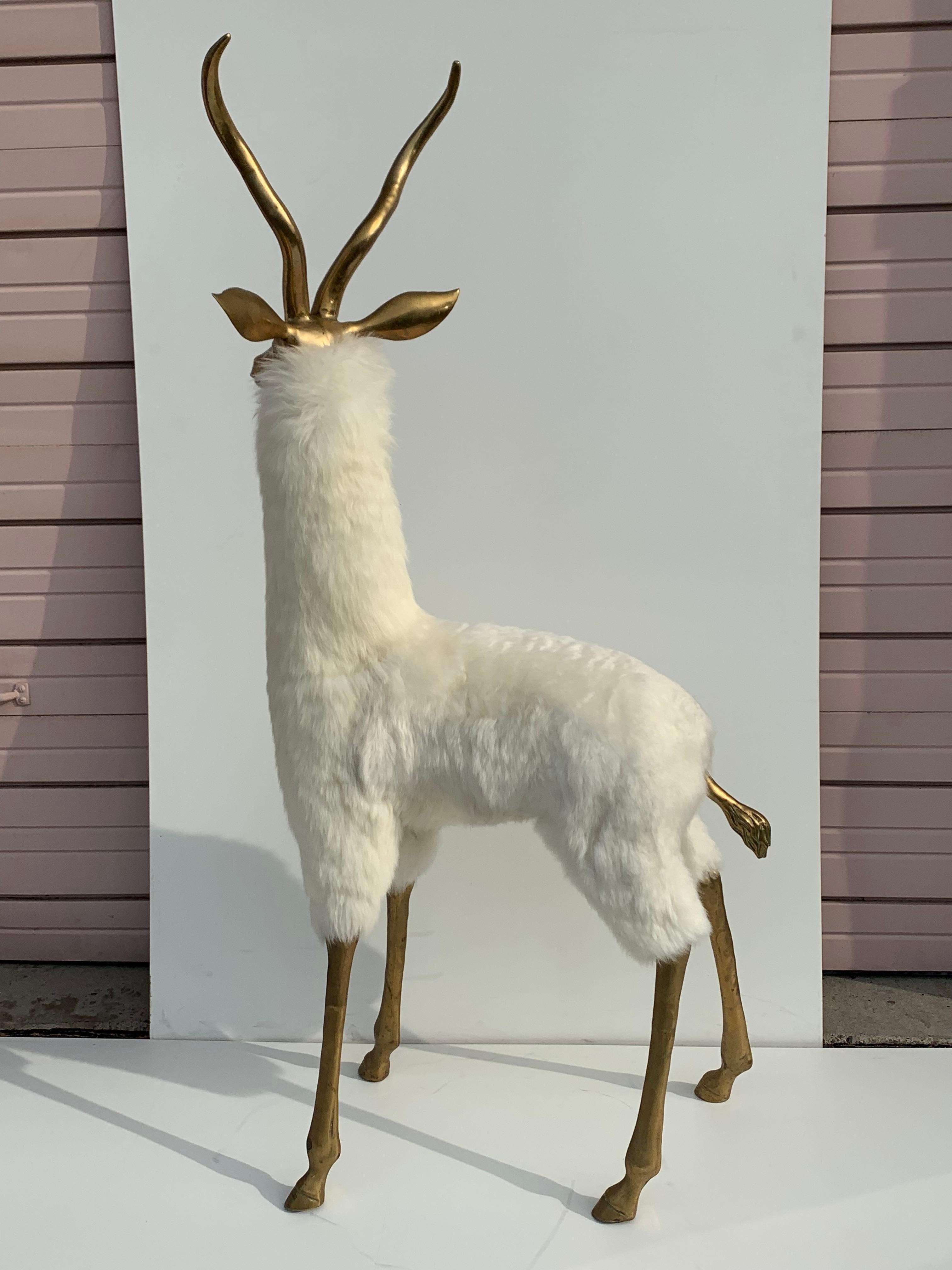 Hollywood Regency Brass Gazelle or Antelope Sculpture in Fur