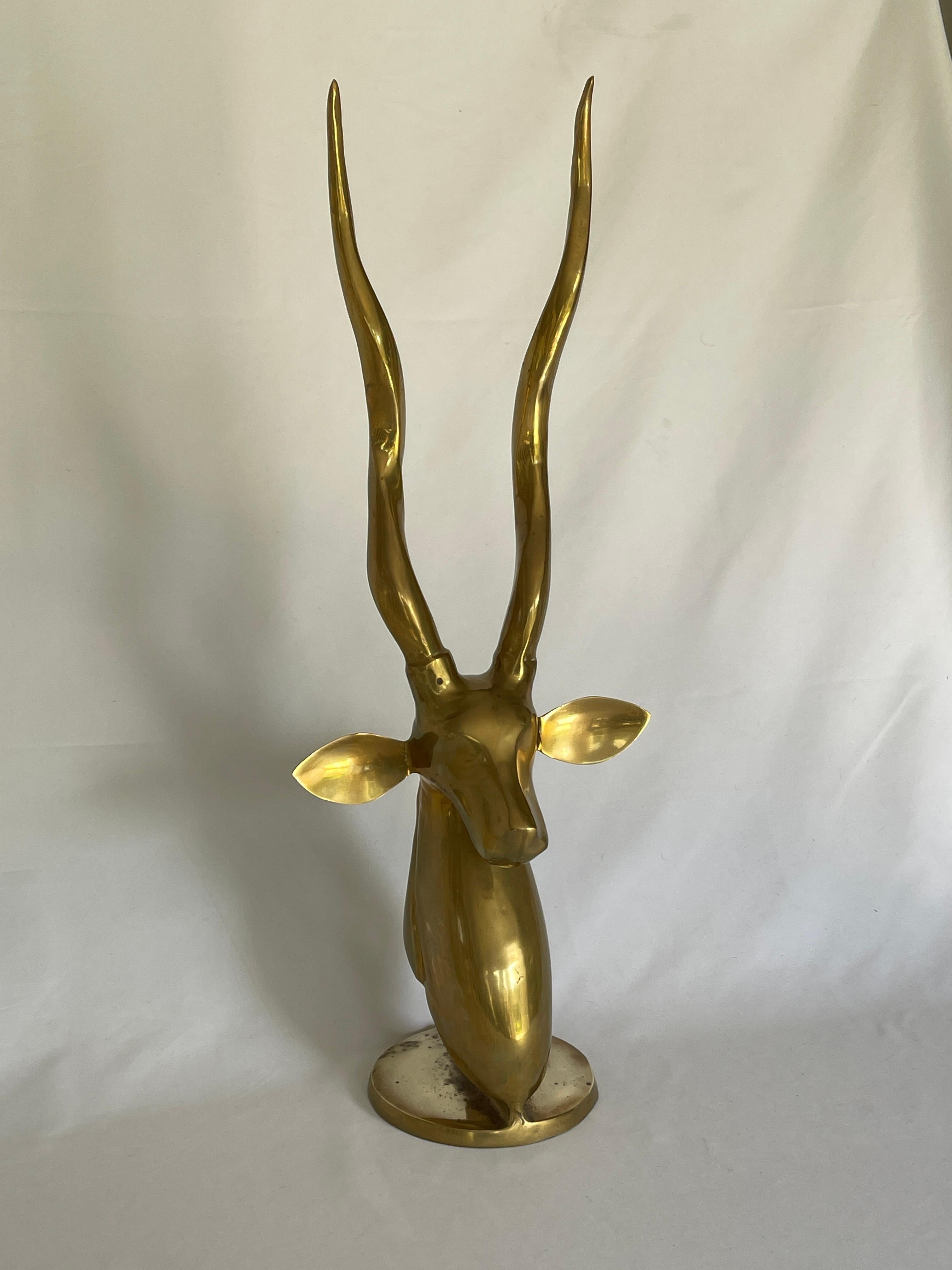 Cast Roberto Estevez Tall Polished Solid Brass Kudu Sculpture For Sale
