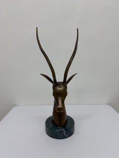Brass Gazelle Sculpture on Variegated Green Marble Base, 1970s