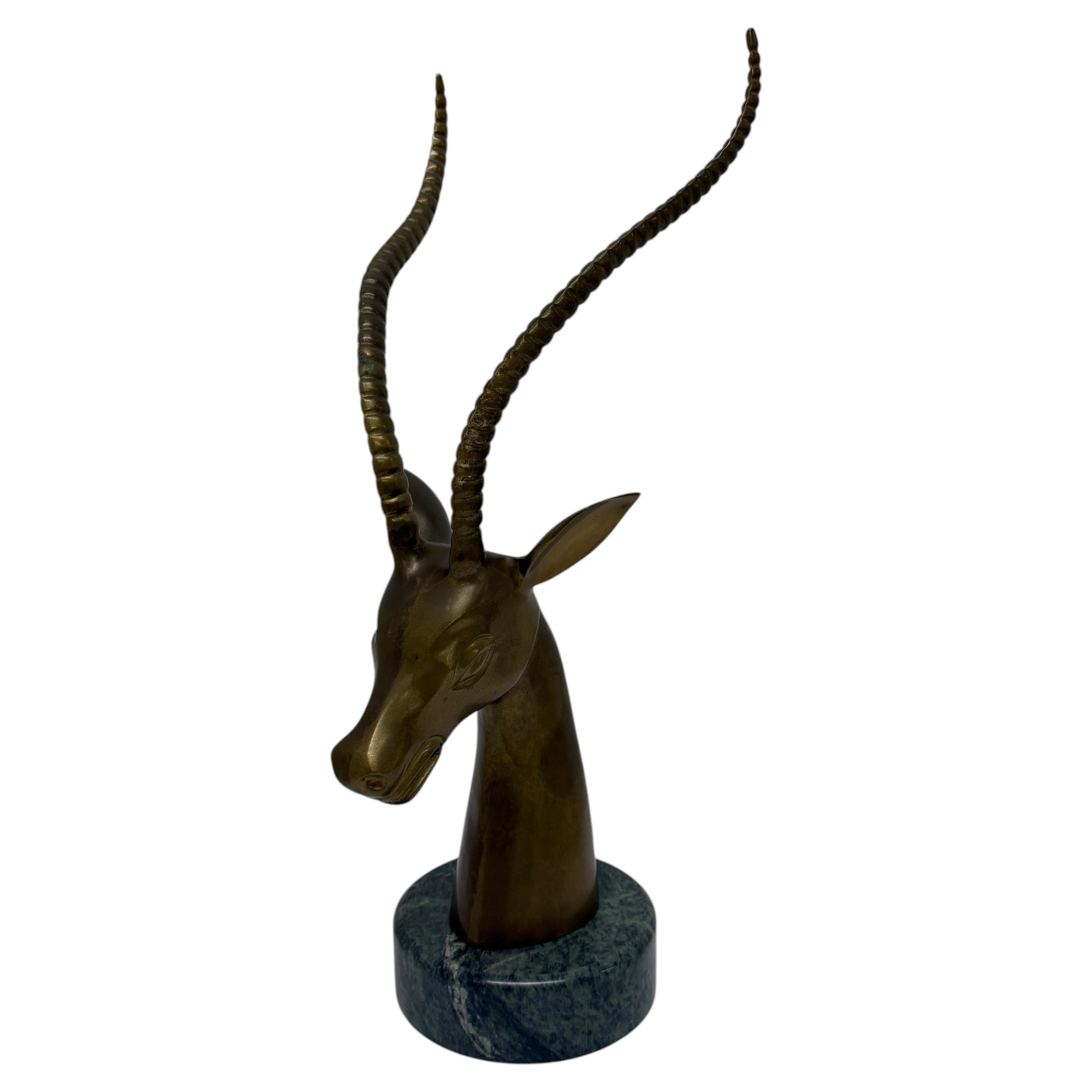 Brass Gazelle Sculpture on Variegated Green Marble Base, 1970s For Sale