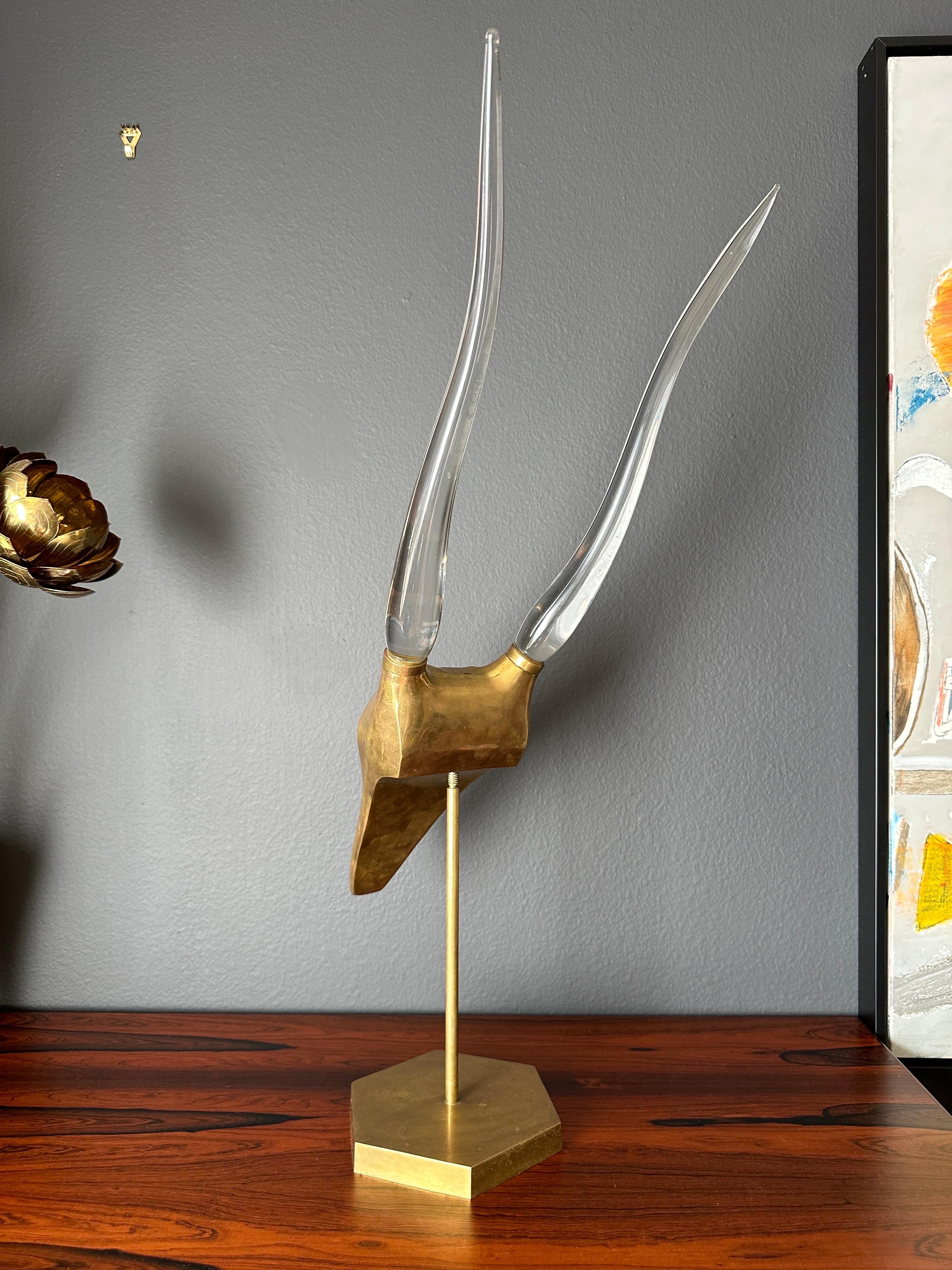 Hollywood Regency Brass Gazelle Sculpture with Glass Horns For Sale