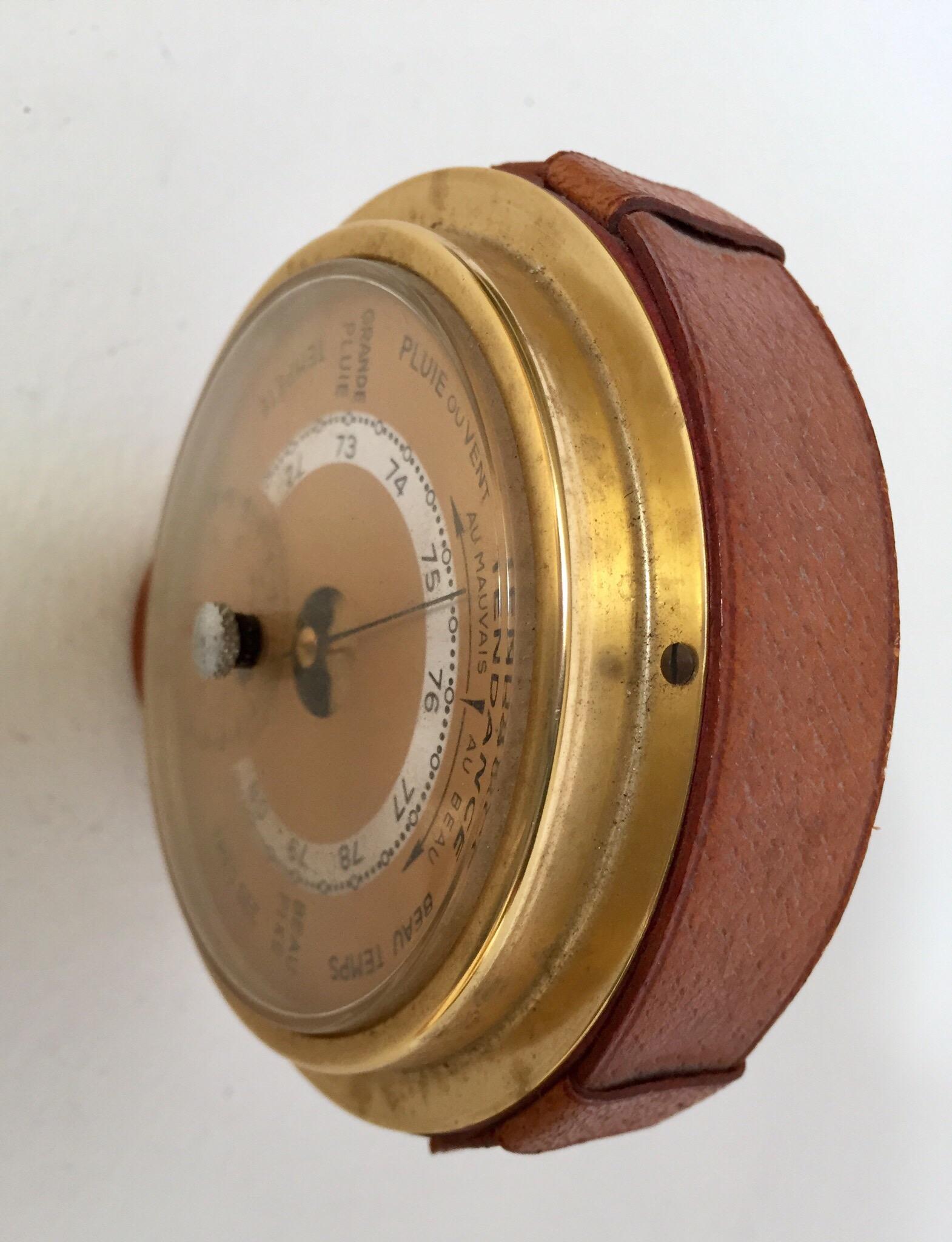 Brass German Barometer with Readings in French Wrapped in Leather, Adnet Style 6