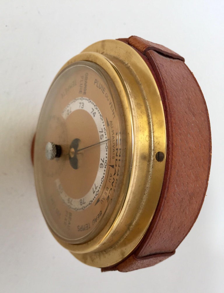 Brass German Barometer with Readings in French Wrapped in Leather