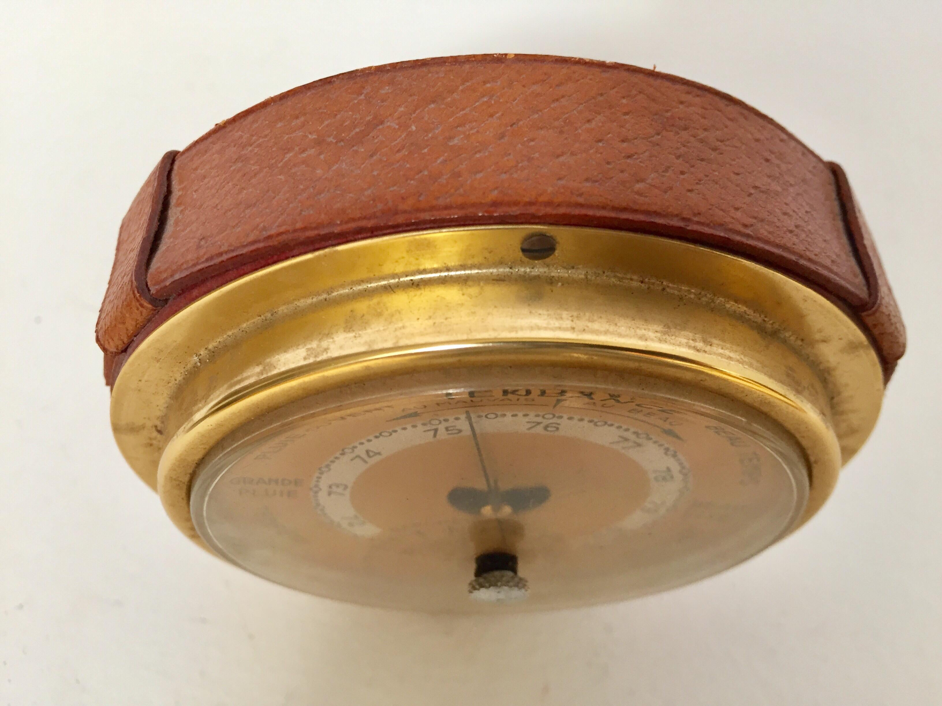 Brass German Barometer with Readings in French Wrapped in Leather, Adnet Style 9