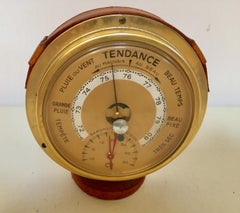 Brass German Barometer with Readings in French Wrapped in Leather, Adnet Style