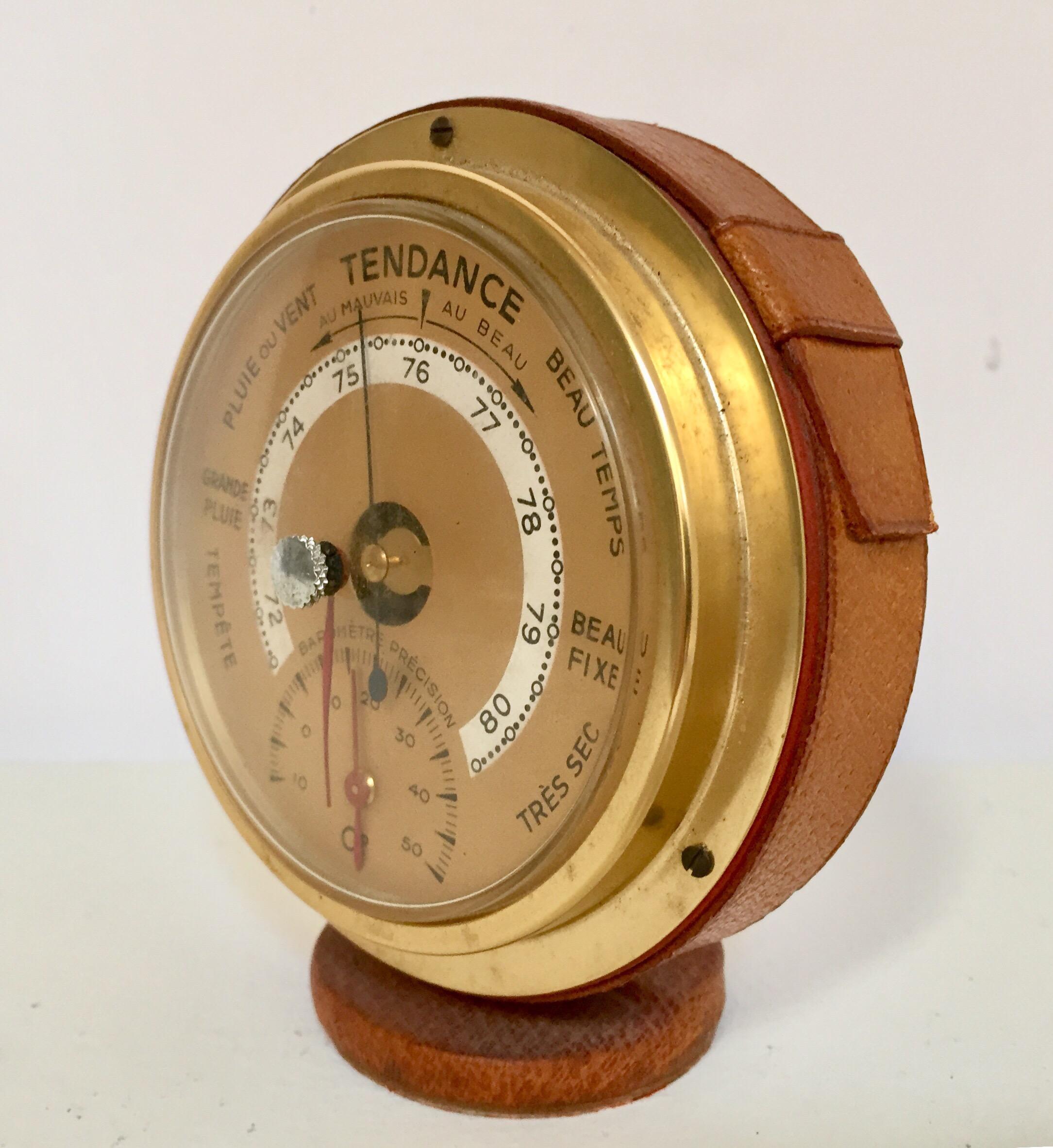 Art Deco Brass German Barometer with Readings in French Wrapped in Leather, Adnet Style