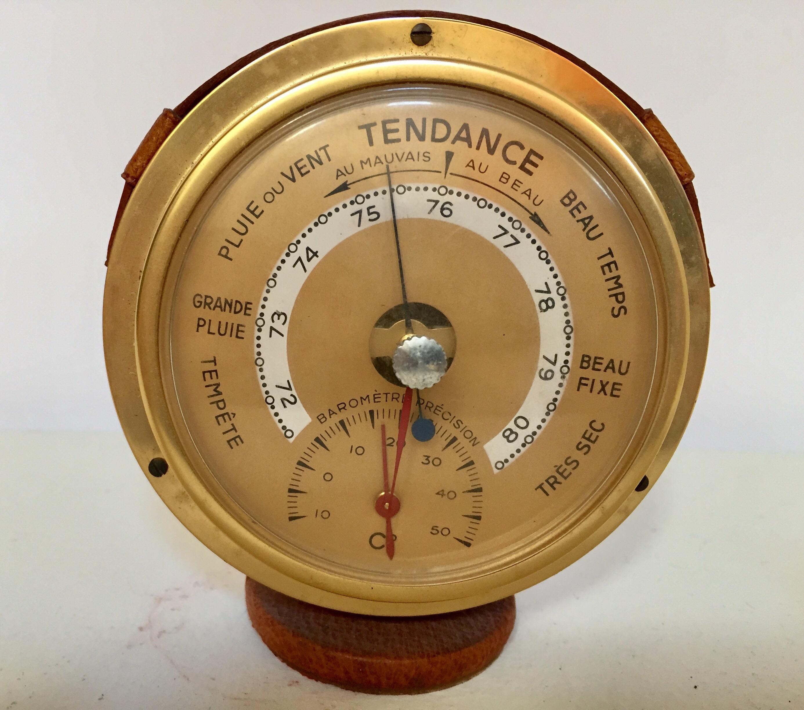 Hand-Crafted Brass German Barometer with Readings in French Wrapped in Leather, Adnet Style