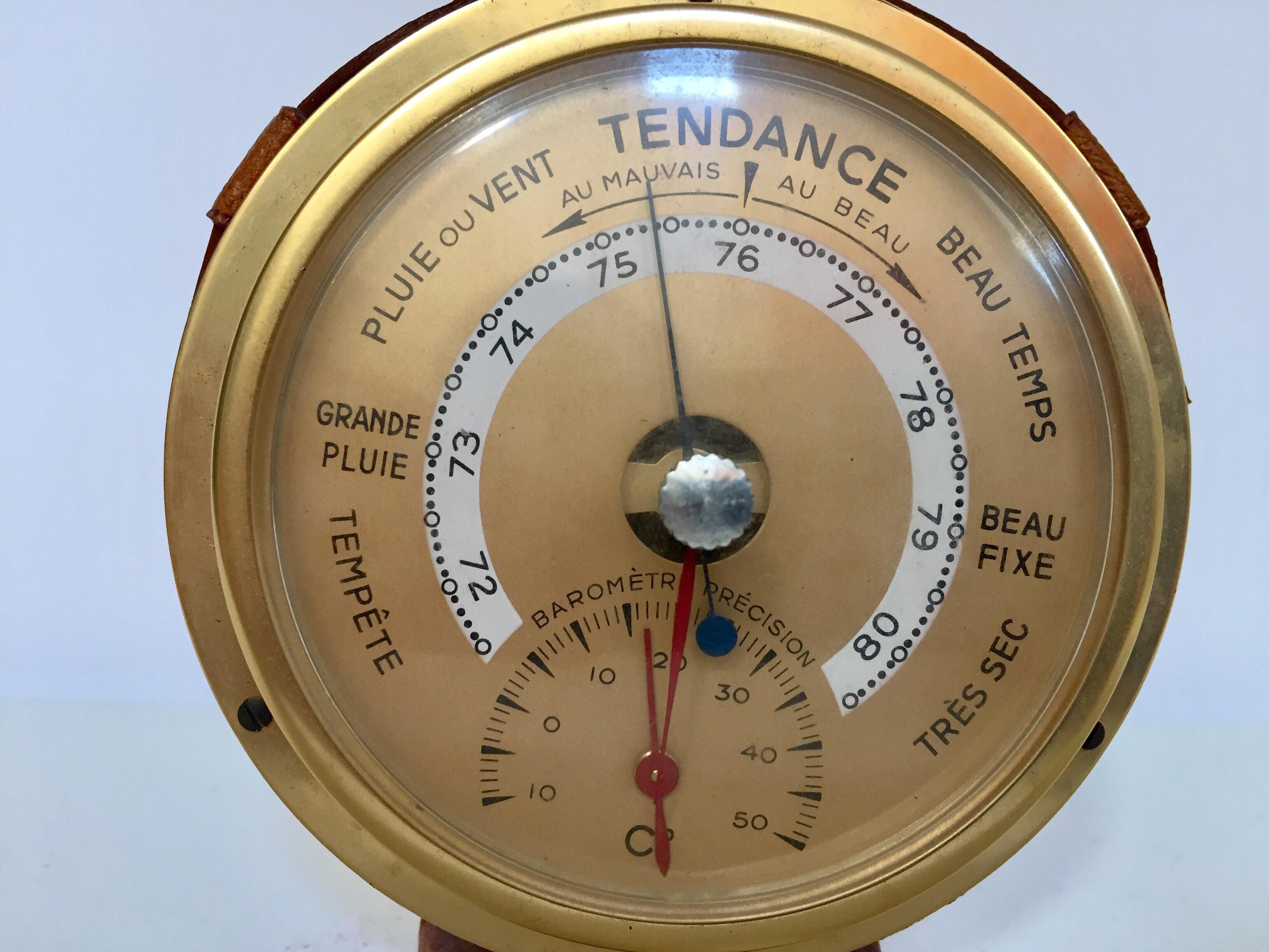 Brass German Barometer with Readings in French Wrapped in Leather, Adnet Style In Good Condition In North Hollywood, CA