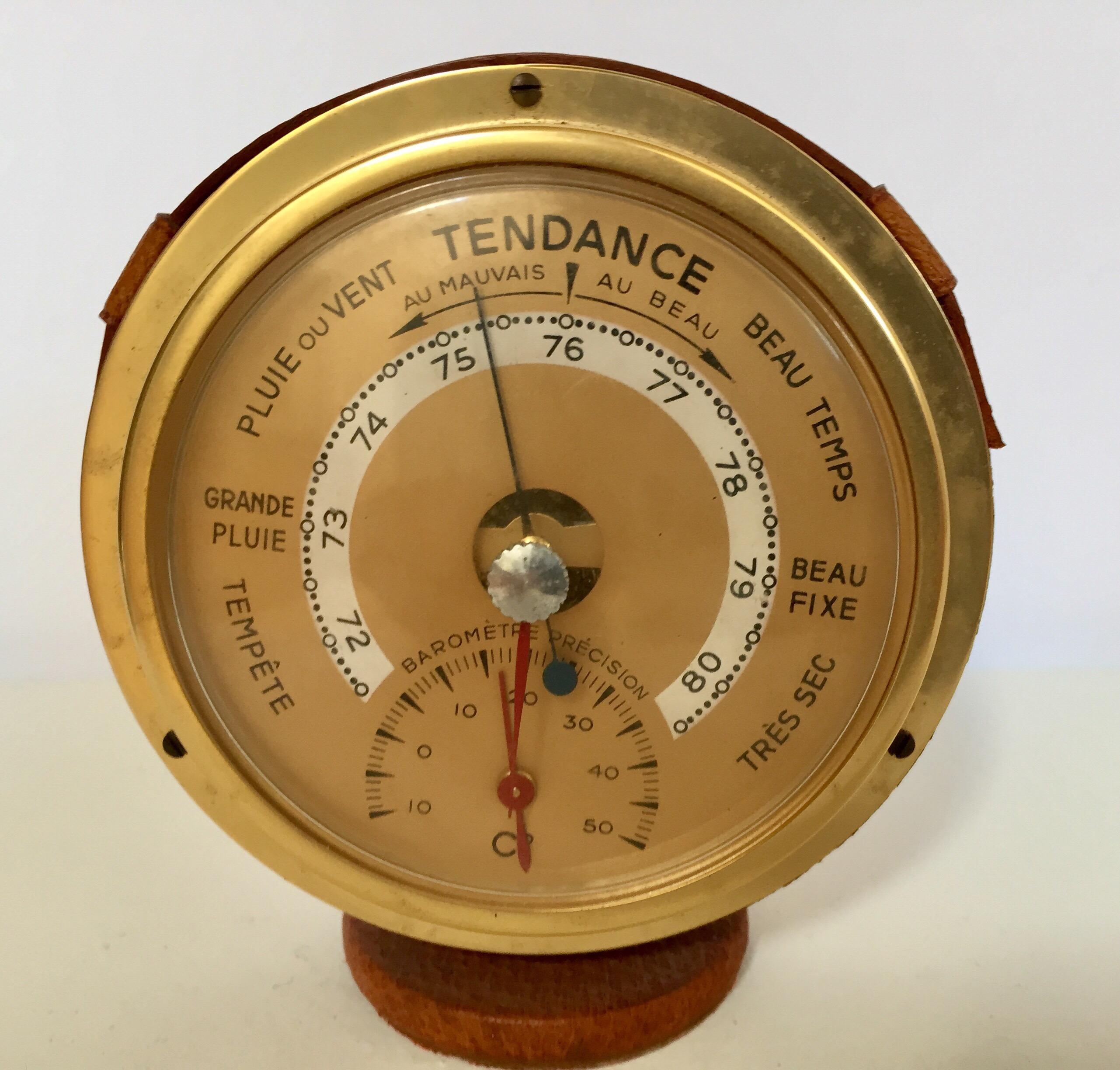 Brass German Barometer with Readings in French Wrapped in Leather, Adnet Style 3