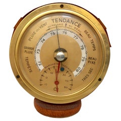 Vintage Brass German Barometer with Readings in French Wrapped in Leather, Adnet Style