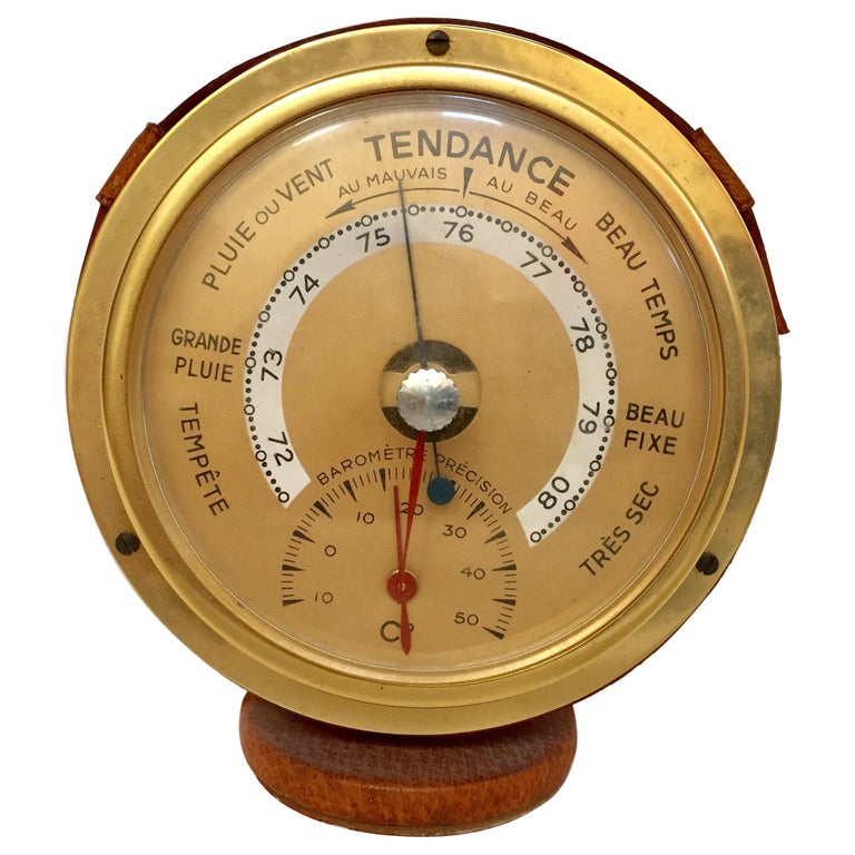 Brass German Barometer with Readings in French Wrapped in Leather