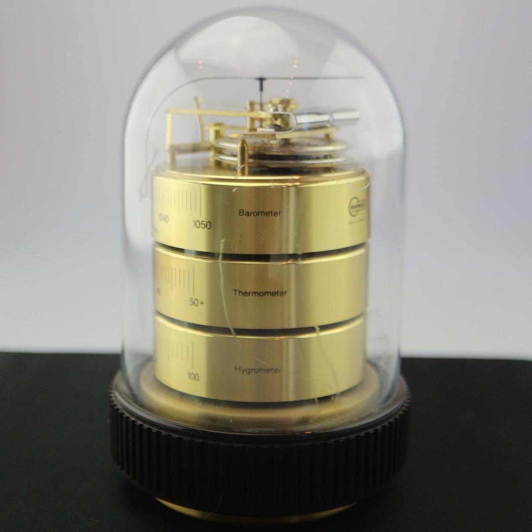 Brass weather station in acrylic dome and base.  Contains thermometer, barometer and hygrometer displays air pressure, temperature and humidity in an extraordinary design. Please note that this was made in Germany as shows Celsius. Great present for