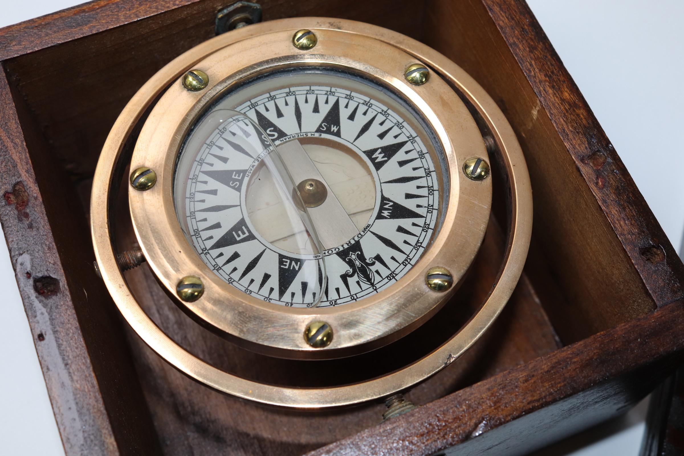 Mid-20th Century Brass Gimballed Boat Compass in Box