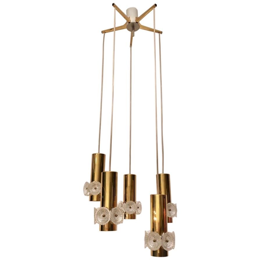 Brass & Glass 5 Arms Pendant Lamp by Carl Fagerlund for Orrefors, Sweden, 1960s