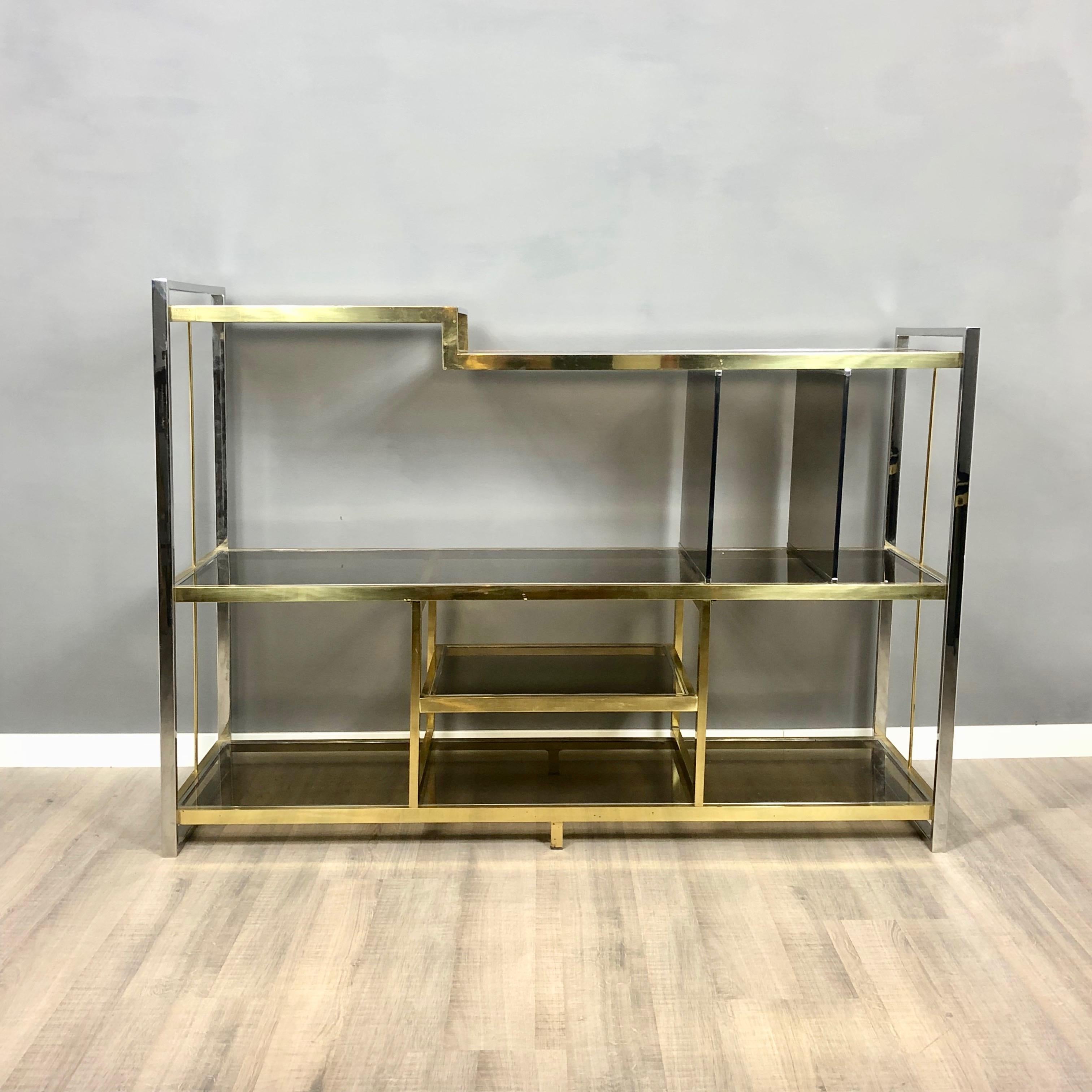 Italian Brass, Glass and Chrome Console Sideboard Serantoni & Arcangeli, 1970s, Italy For Sale