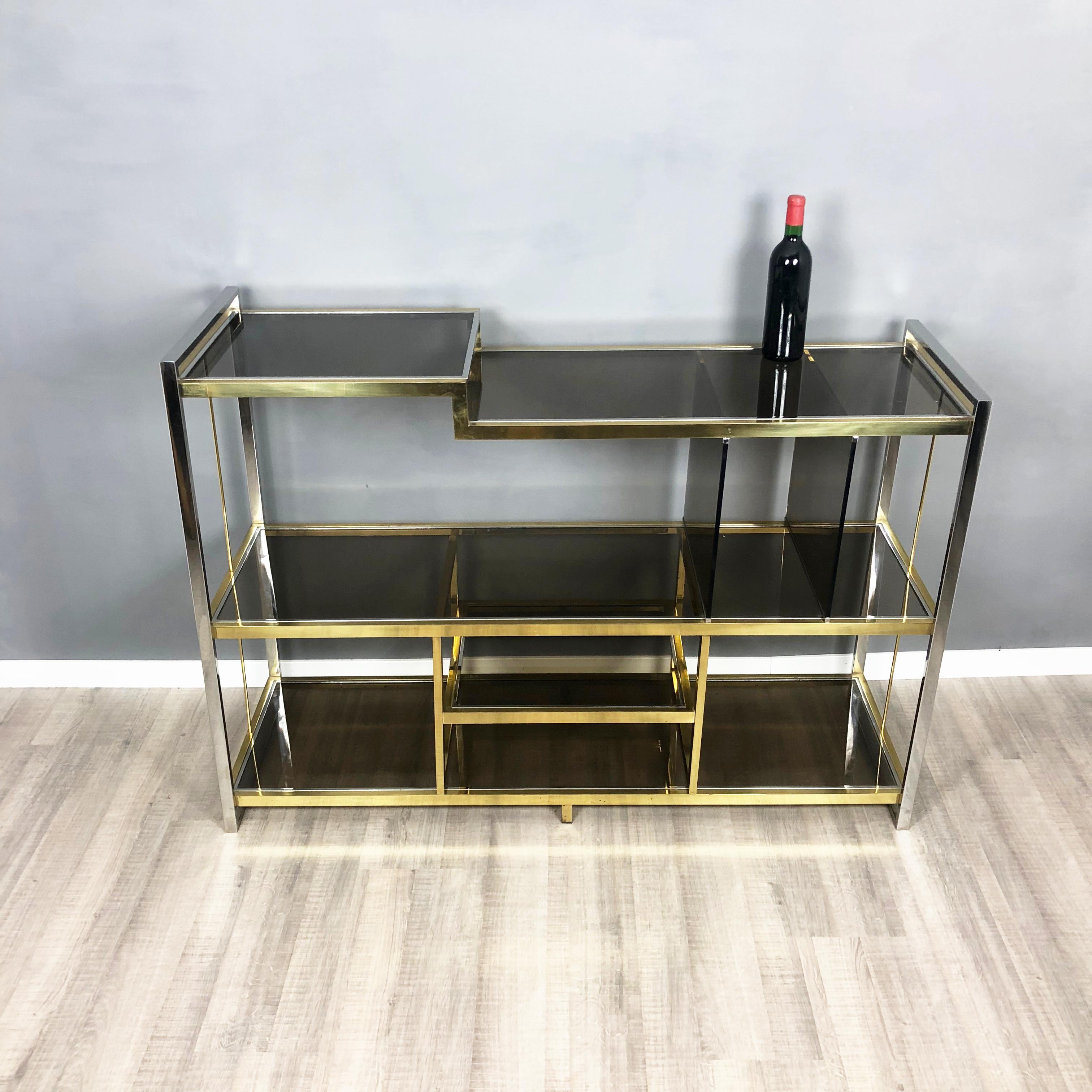 Late 20th Century Brass, Glass and Chrome Console Sideboard Serantoni & Arcangeli, 1970s, Italy For Sale