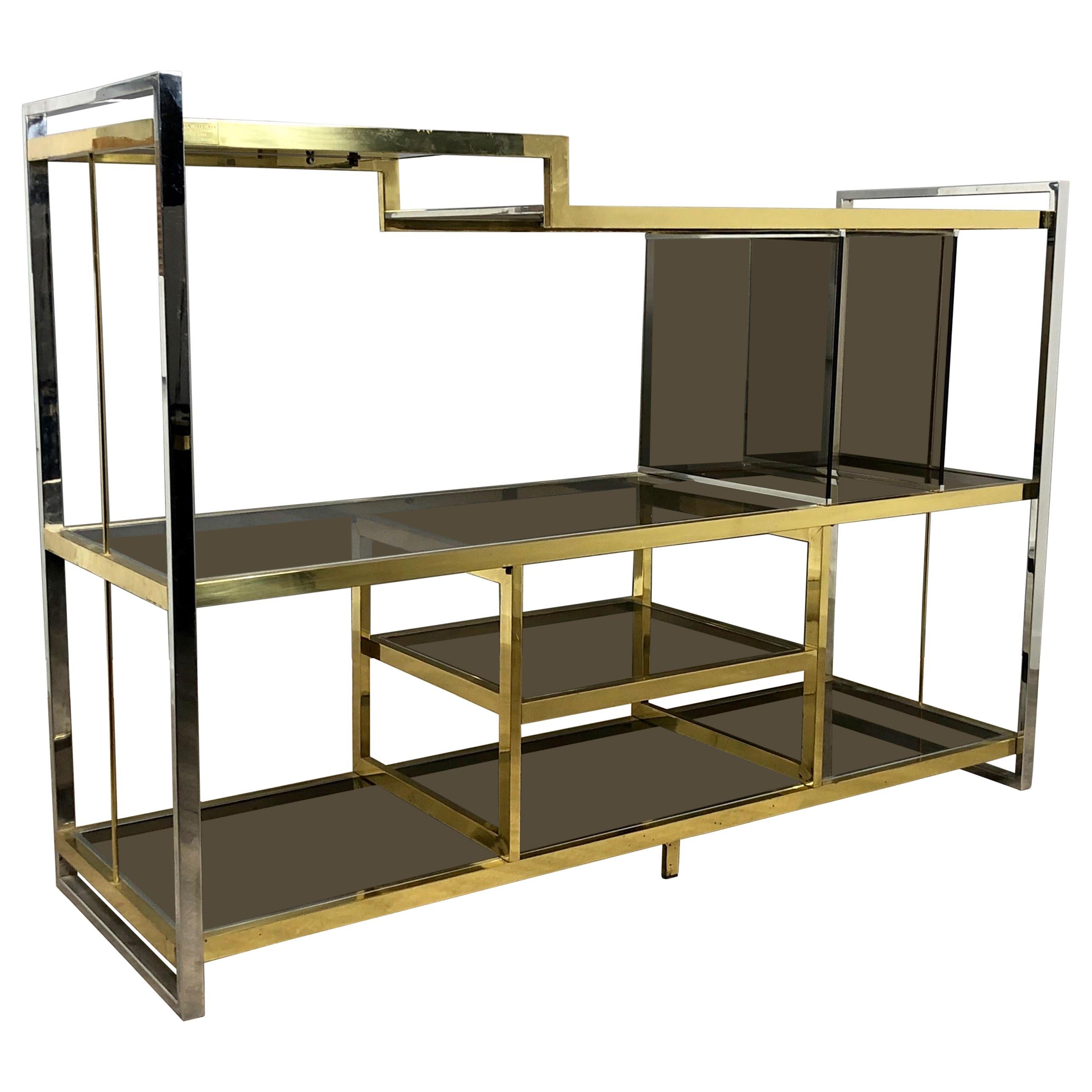 Brass, Glass and Chrome Console Sideboard Serantoni & Arcangeli, 1970s, Italy For Sale
