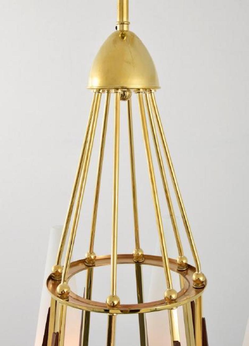 Mid-Century Modern Brass, Glass and Wood 8 Socket Chandelier Attributed to Stilnovo, circa 1958 For Sale