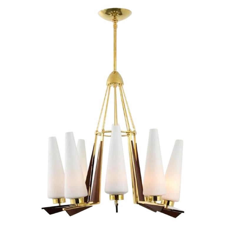 Brass, Glass and Wood 8 Socket Chandelier Attributed to Stilnovo, circa 1958 For Sale