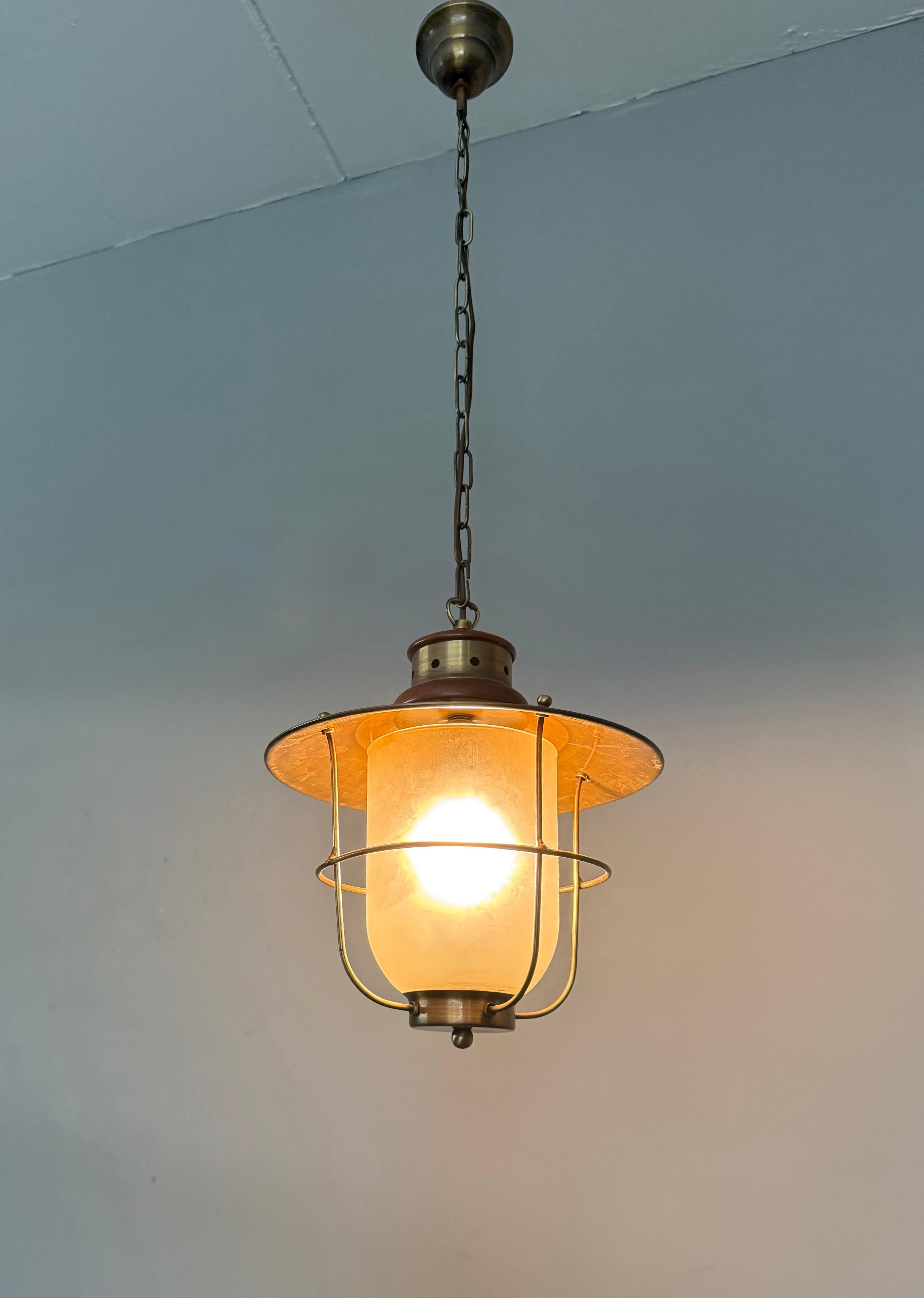 Brass & Glass Atomic Pendant Light, Handcrafted Nautical Modernist Lantern 1950s For Sale 4