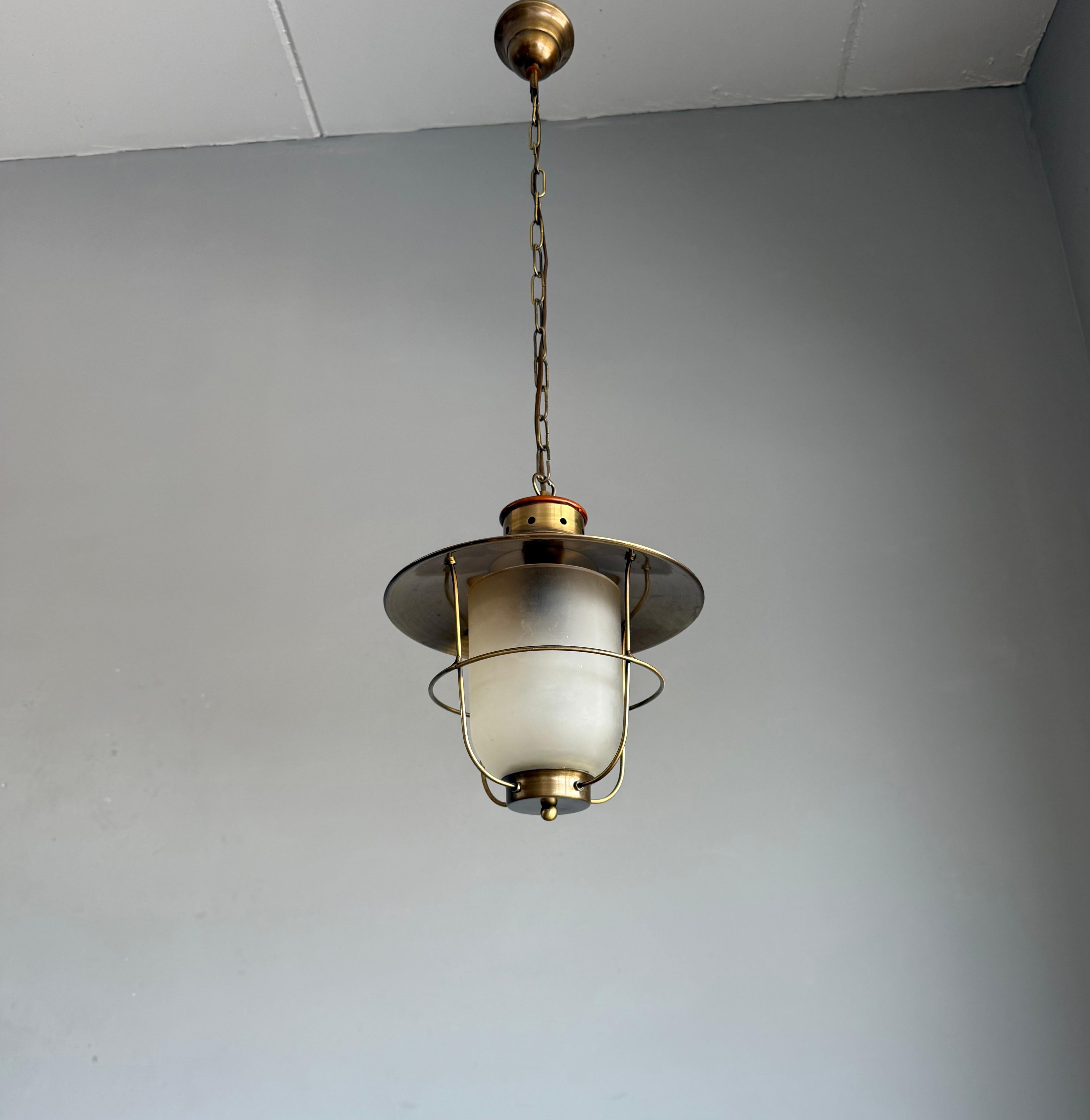 Brass & Glass Atomic Pendant Light, Handcrafted Nautical Modernist Lantern 1950s For Sale 5