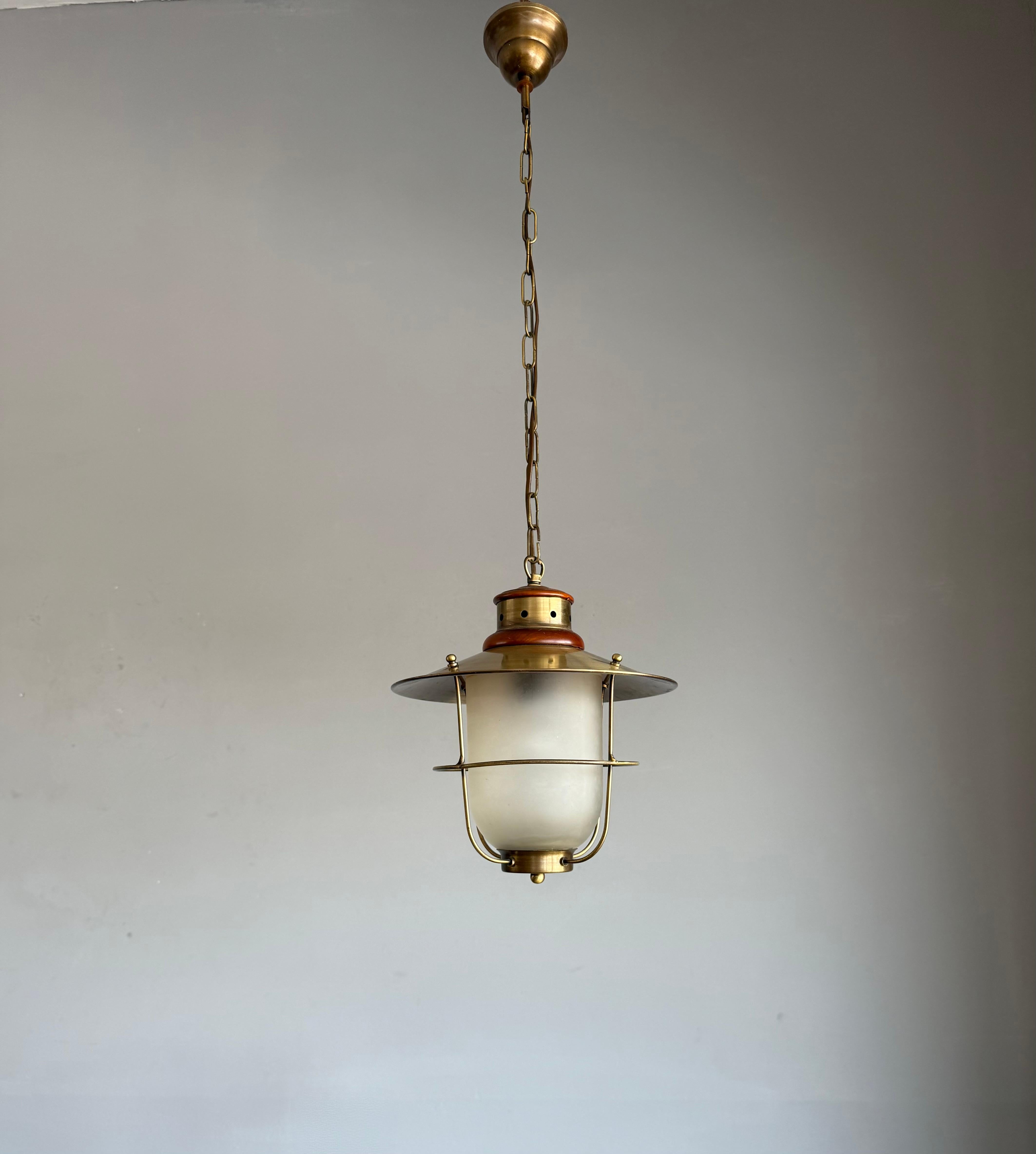 Brass & Glass Atomic Pendant Light, Handcrafted Nautical Modernist Lantern 1950s For Sale 6