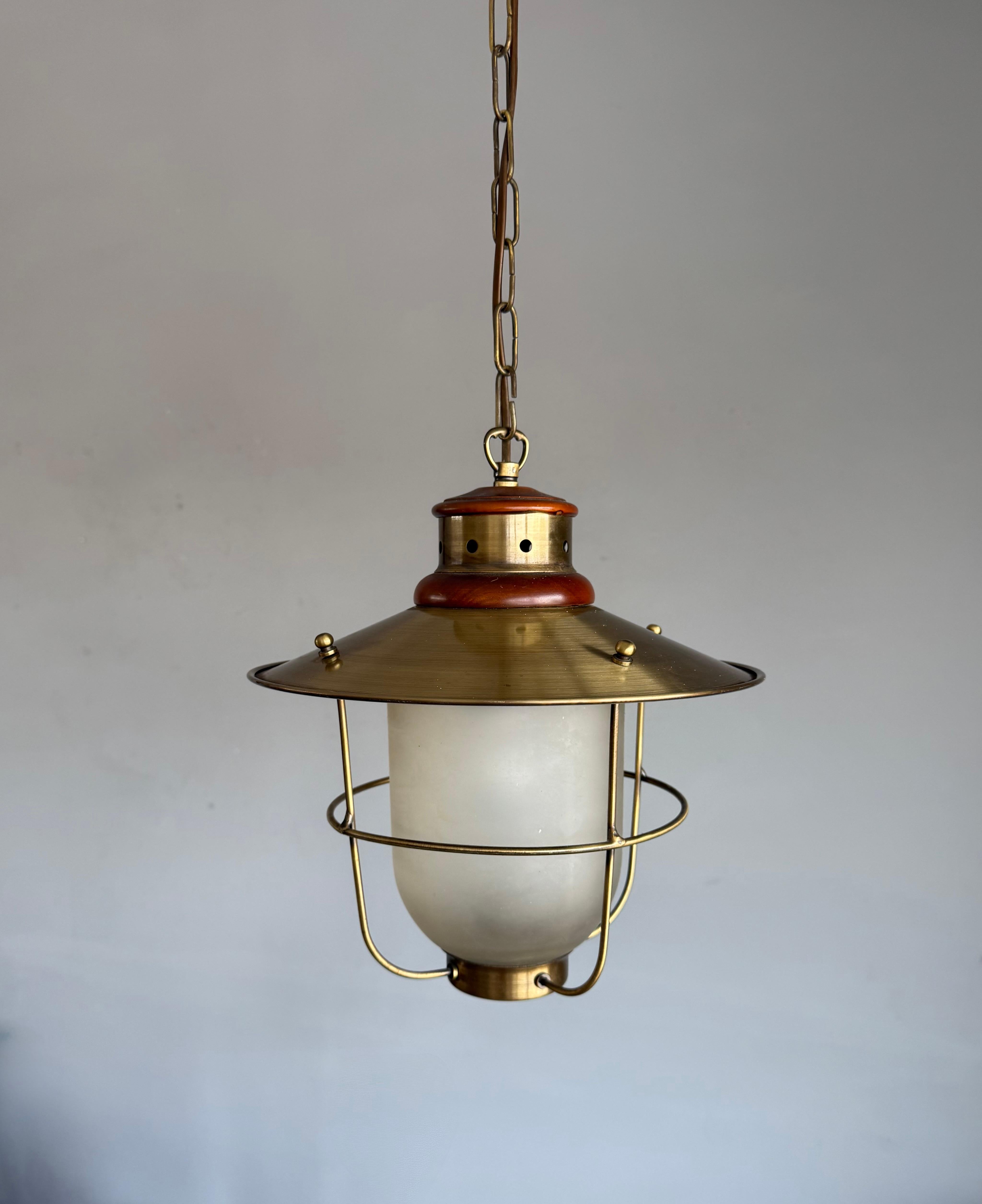Brass & Glass Atomic Pendant Light, Handcrafted Nautical Modernist Lantern 1950s For Sale 8