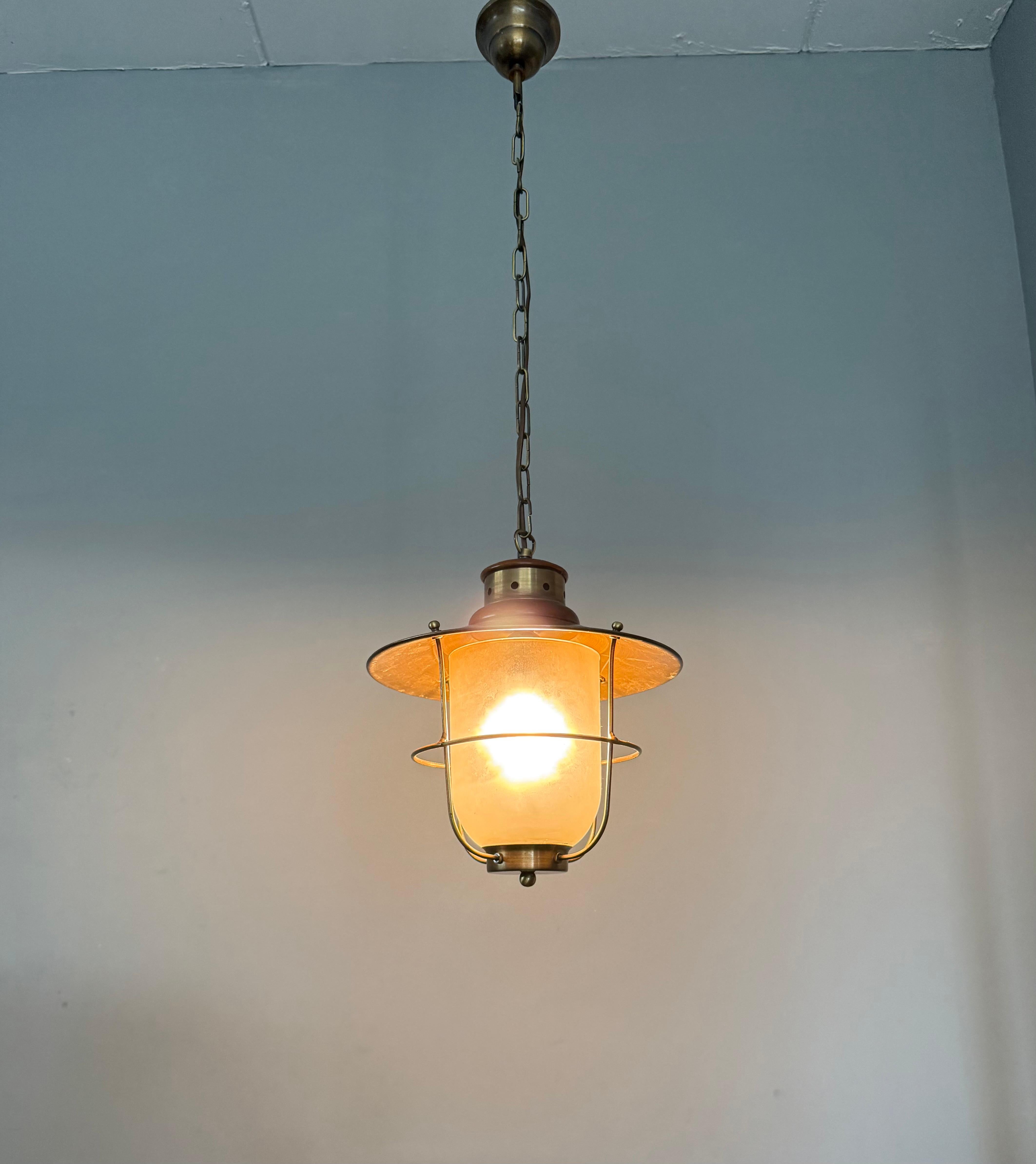 Brass & Glass Atomic Pendant Light, Handcrafted Nautical Modernist Lantern 1950s For Sale 9