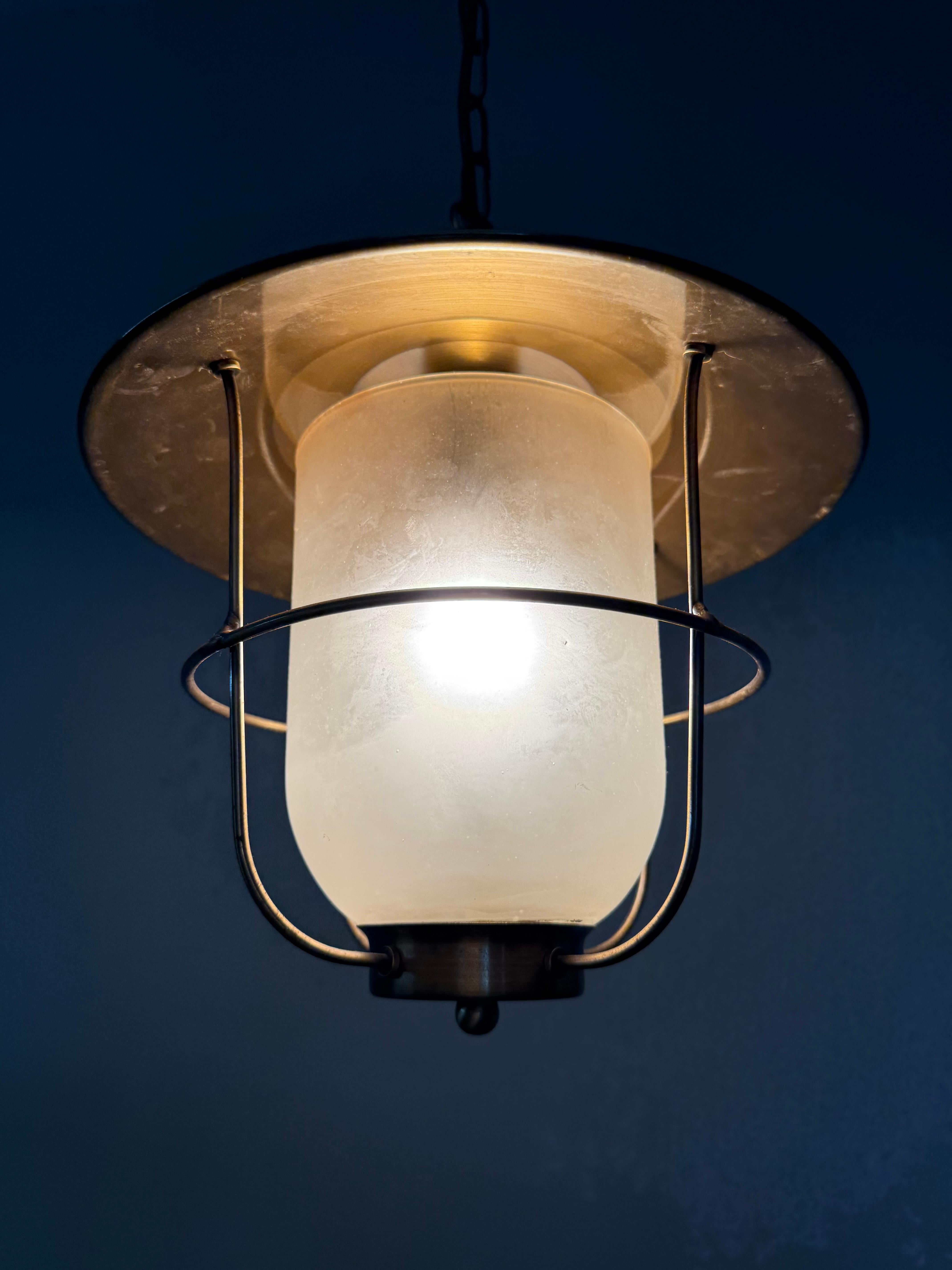 Brass & Glass Atomic Pendant Light, Handcrafted Nautical Modernist Lantern 1950s For Sale 10