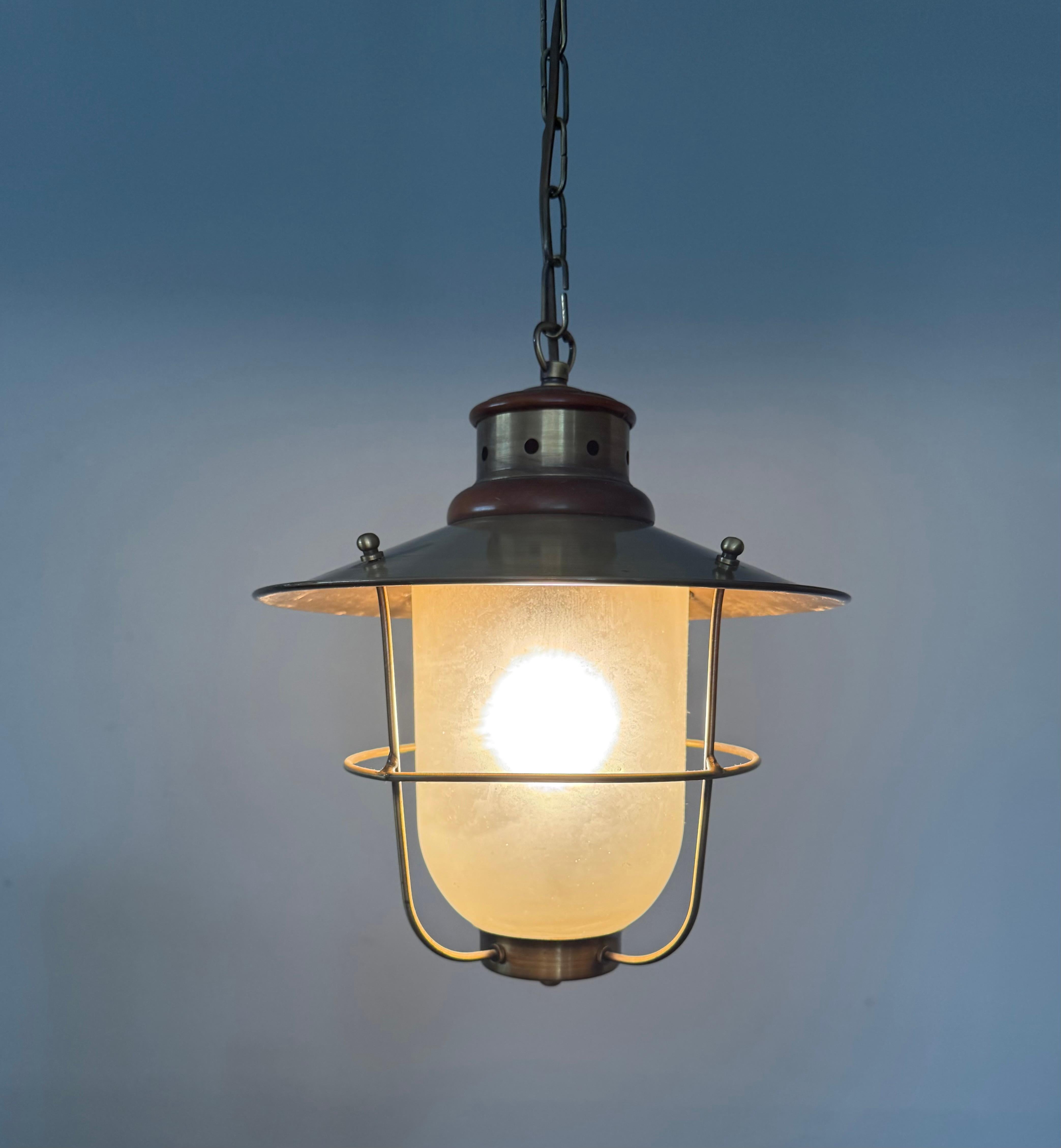 Brass & Glass Atomic Pendant Light, Handcrafted Nautical Modernist Lantern 1950s For Sale 11
