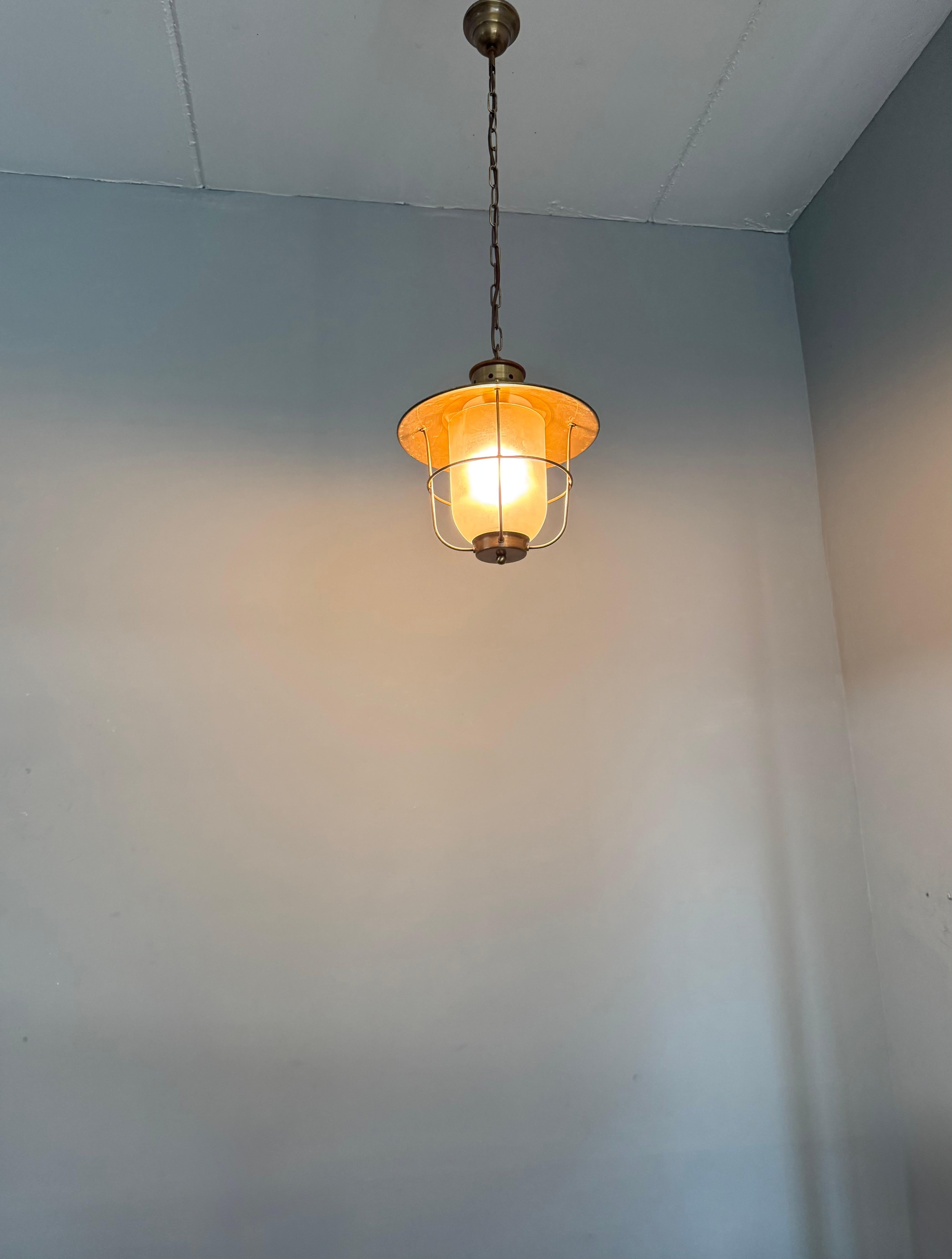 Brass & Glass Atomic Pendant Light, Handcrafted Nautical Modernist Lantern 1950s For Sale 12