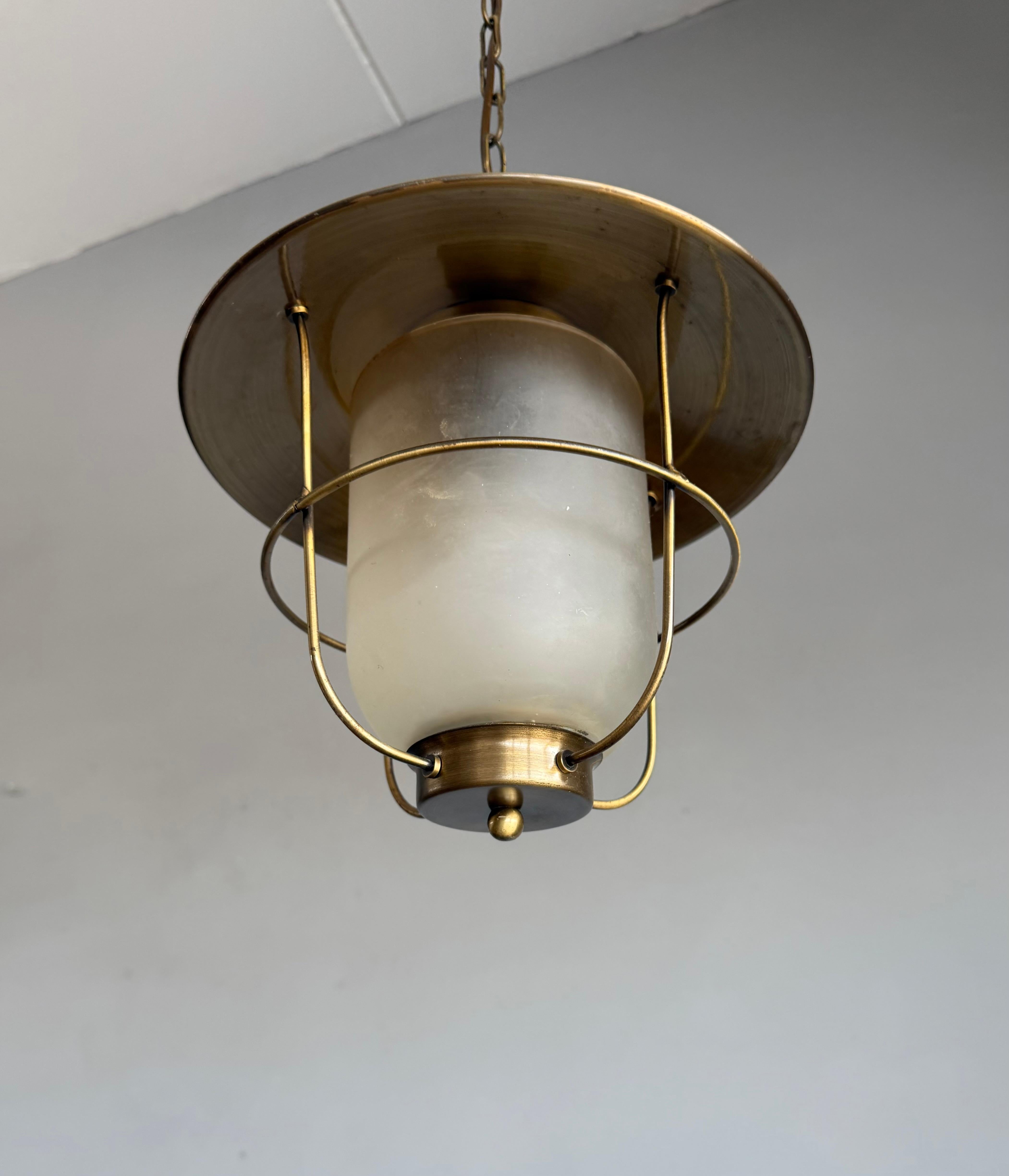 European Brass & Glass Atomic Pendant Light, Handcrafted Nautical Modernist Lantern 1950s For Sale