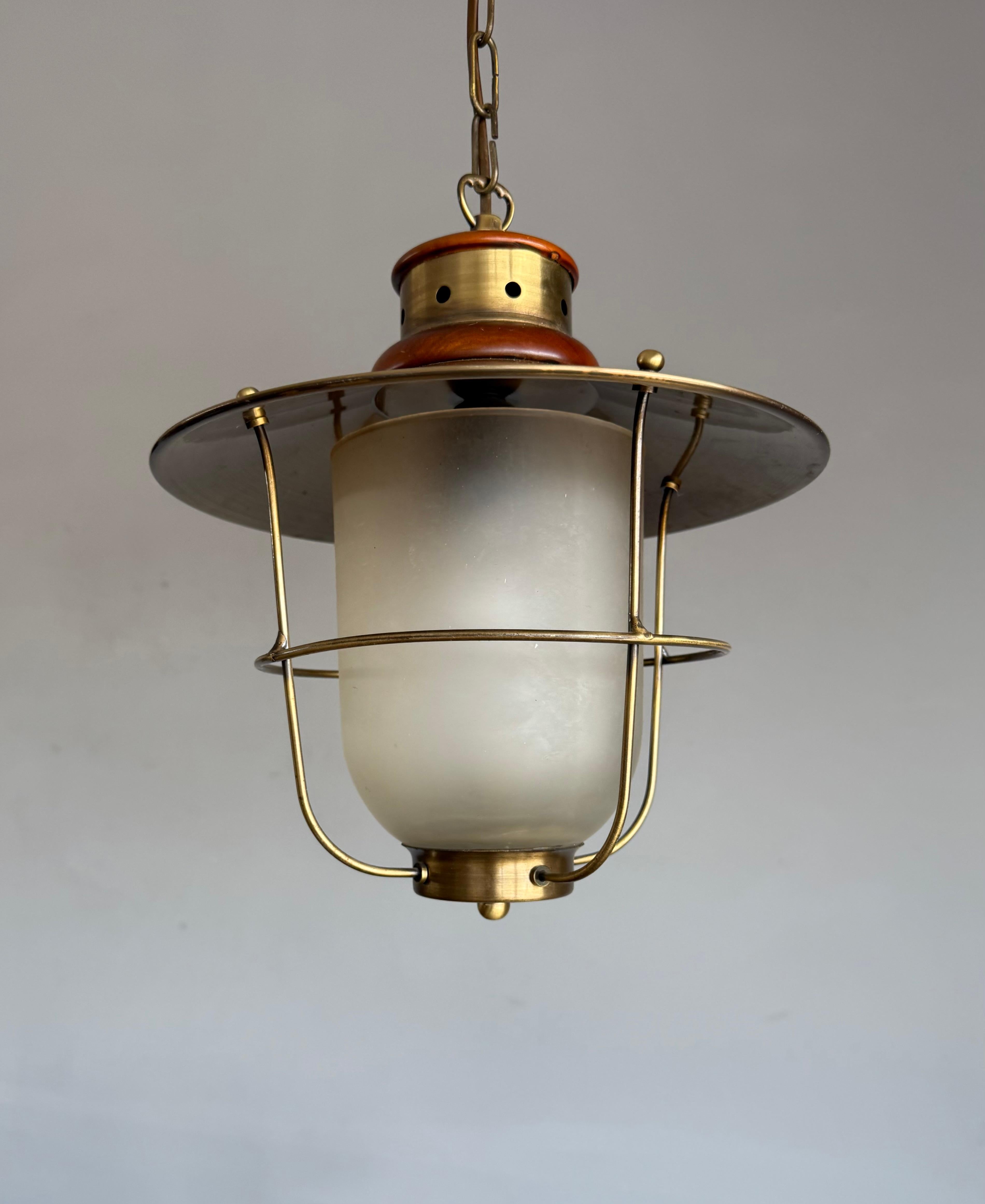 Hand-Crafted Brass & Glass Atomic Pendant Light, Handcrafted Nautical Modernist Lantern 1950s For Sale