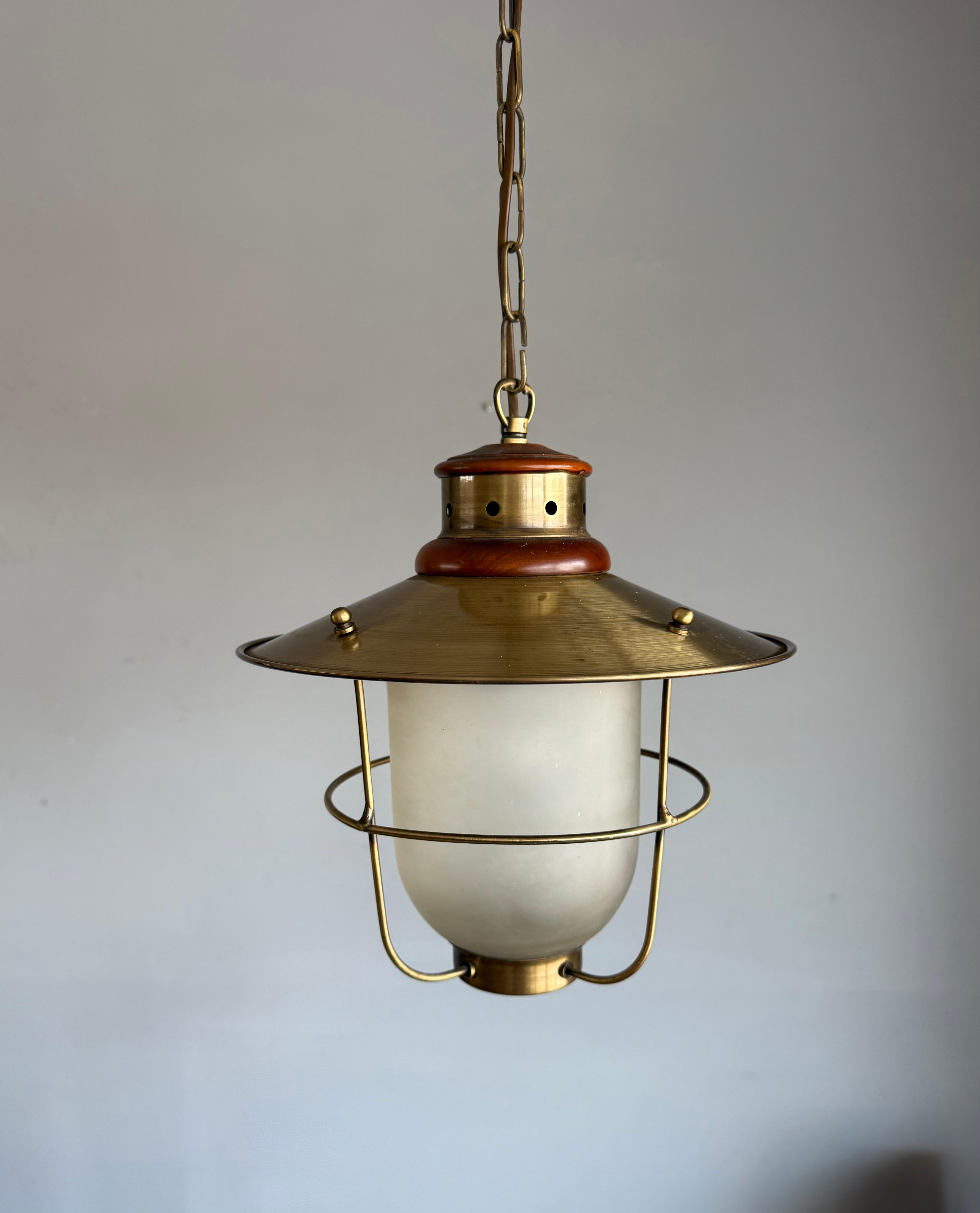 20th Century Brass & Glass Atomic Pendant Light, Handcrafted Nautical Modernist Lantern 1950s For Sale